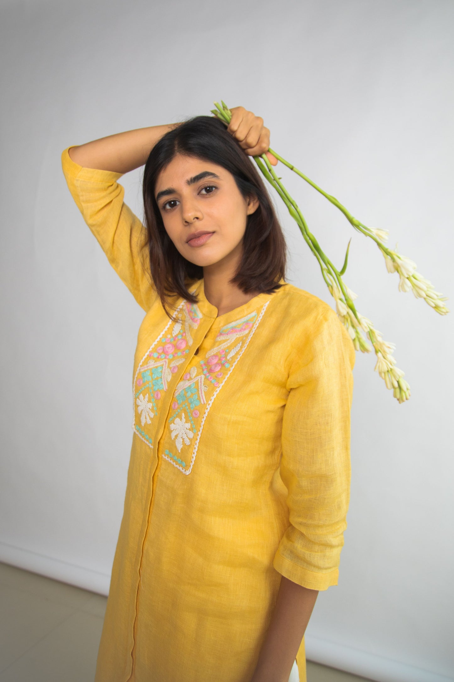 Yellow Pure Hemp Embroided Kurta