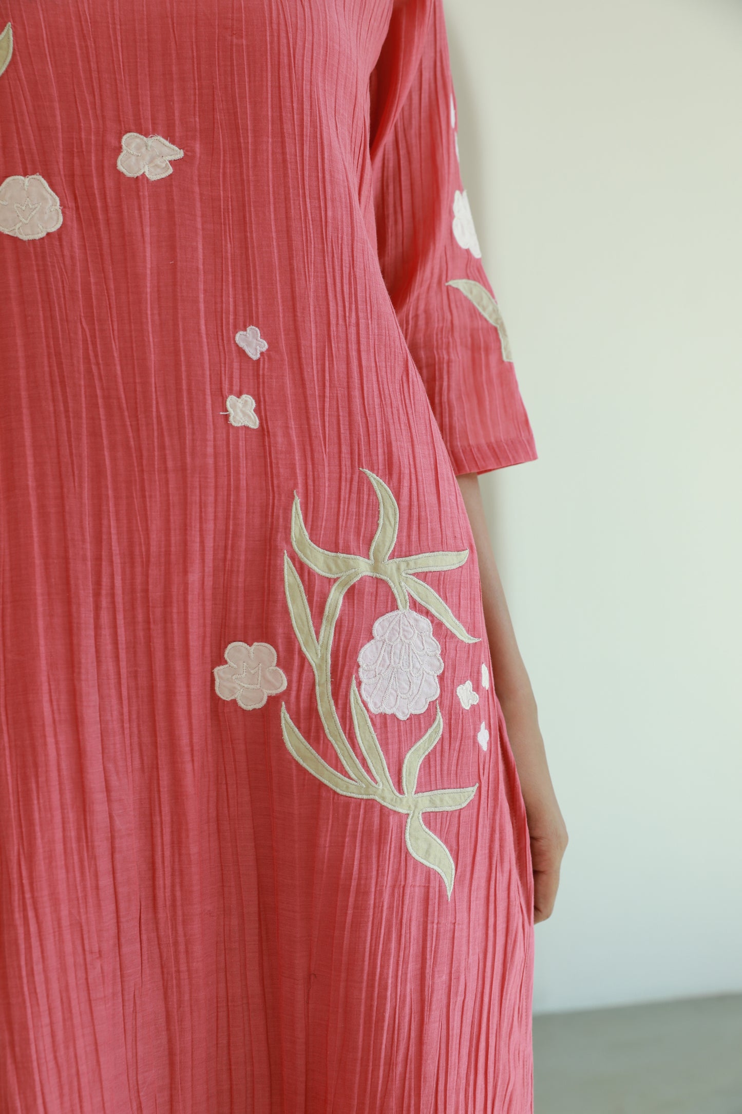 Crinkled Vegan Silk & Tencel Kurta Set-Coral Red