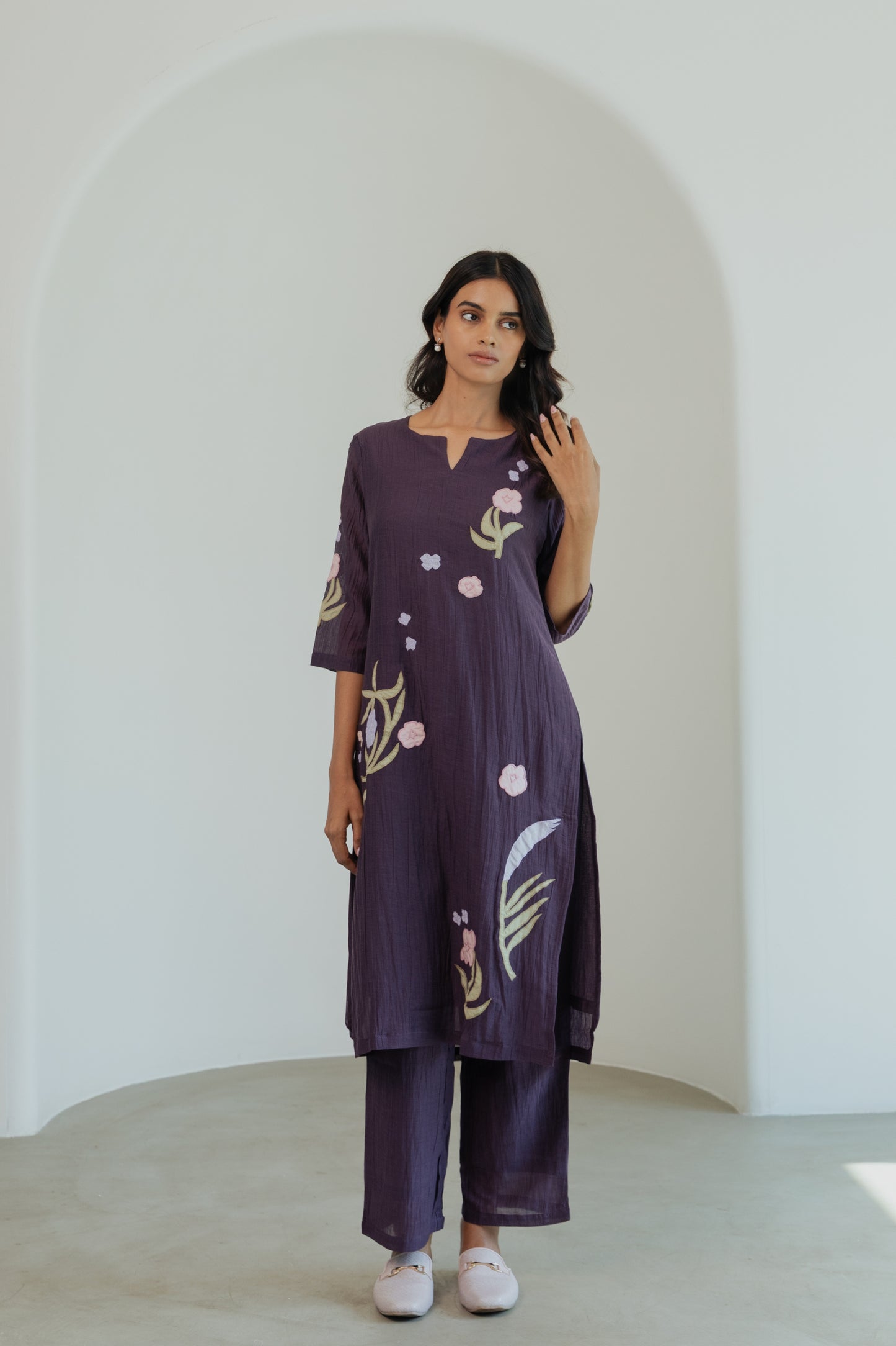 Crinkled Vegan Silk & Tencel Kurta Set-Dusk