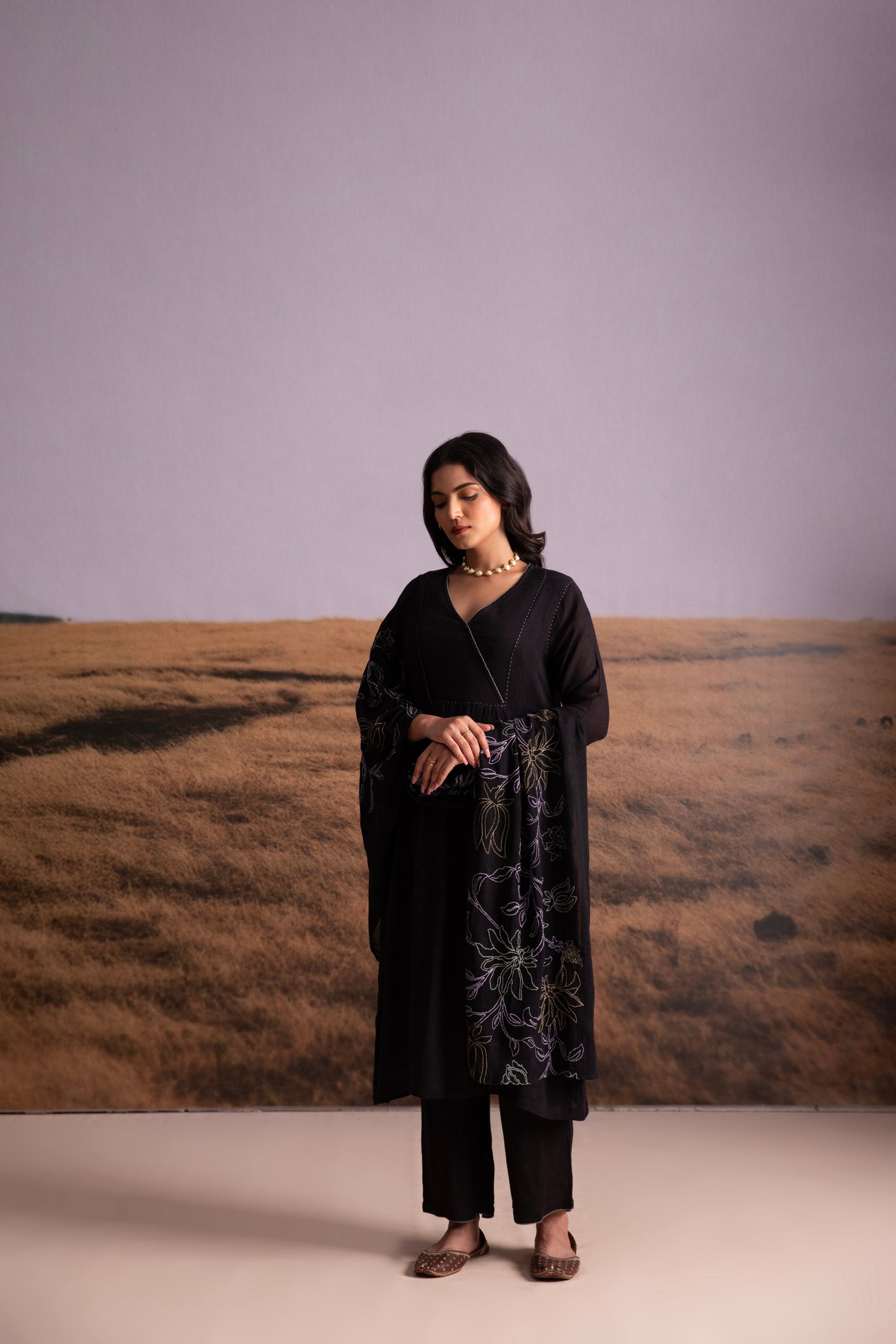 Black Linen Kurta Set with Odhani