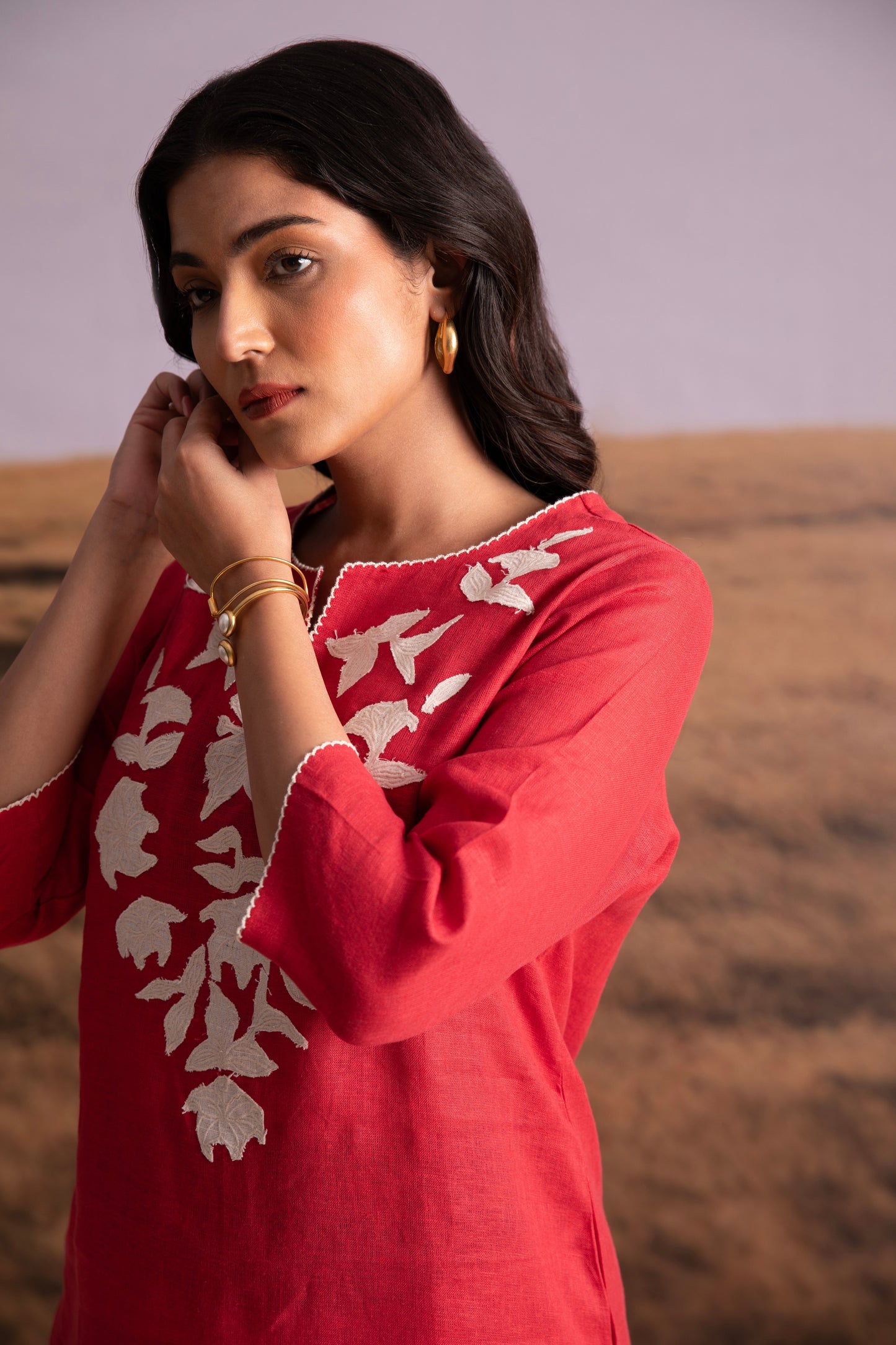 Pure Hemp Applique Red Kurta Set