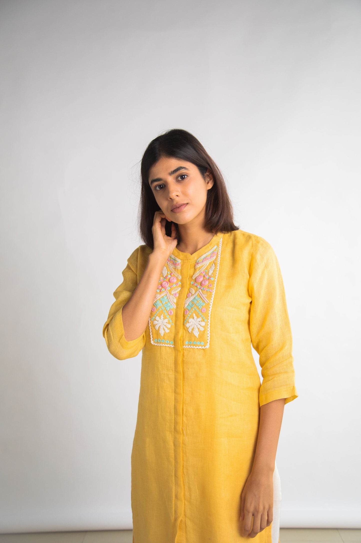Yellow Pure Hemp Embroided Kurta