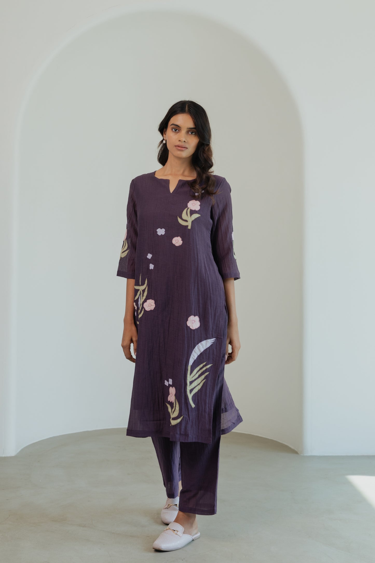Crinkled Vegan Silk & Tencel Kurta Set-Dusk