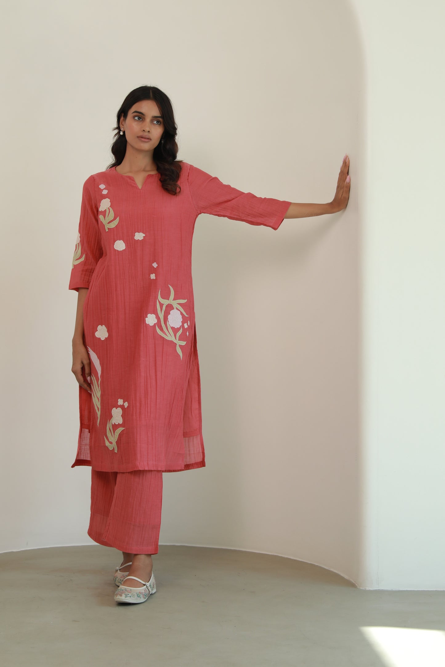 Crinkled Vegan Silk & Tencel Kurta Set-Coral Red