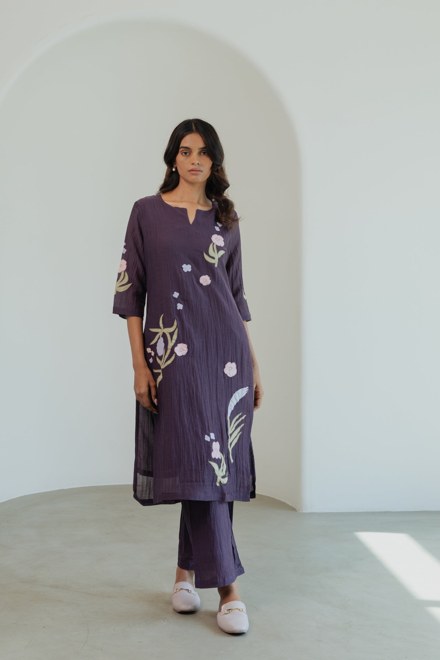 Crinkled Vegan Silk & Tencel Kurta Set-Dusk