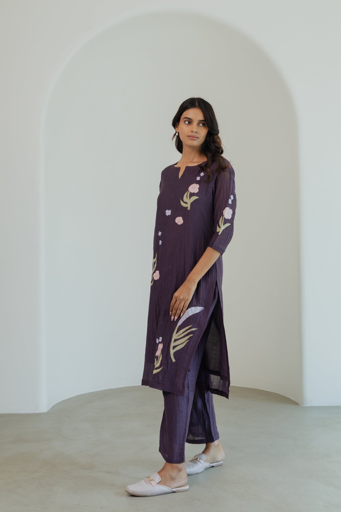 Crinkled Vegan Silk & Tencel Kurta Set-Dusk
