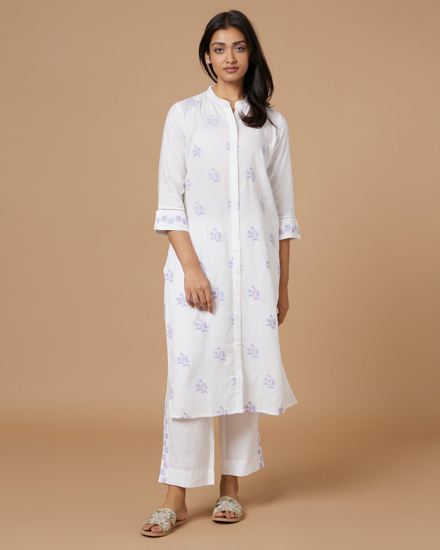 White Linen Embroidered Kurta Set