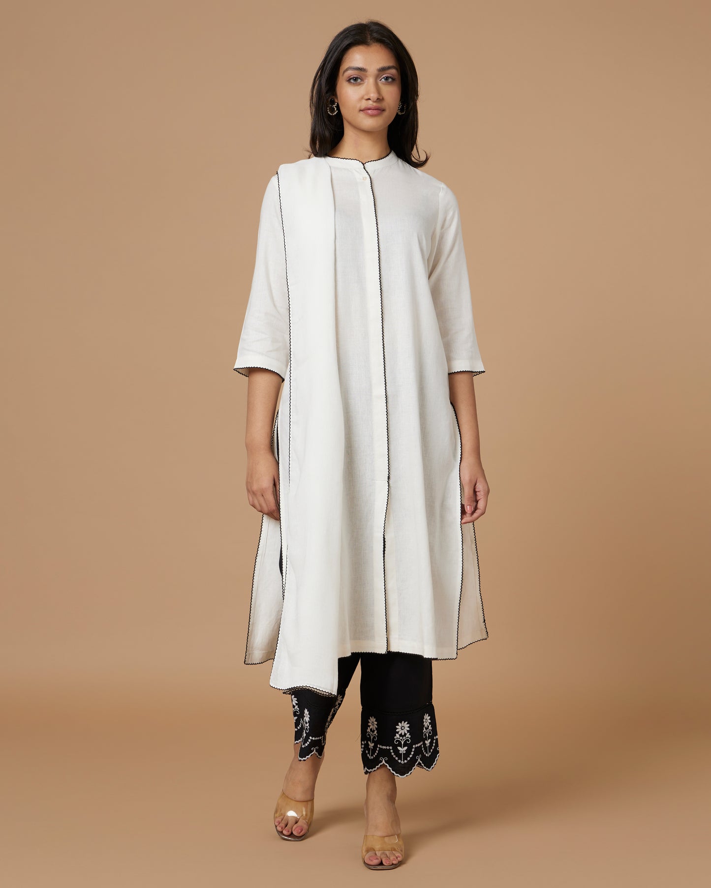 White & Black Cutwork Linen Kurta Set