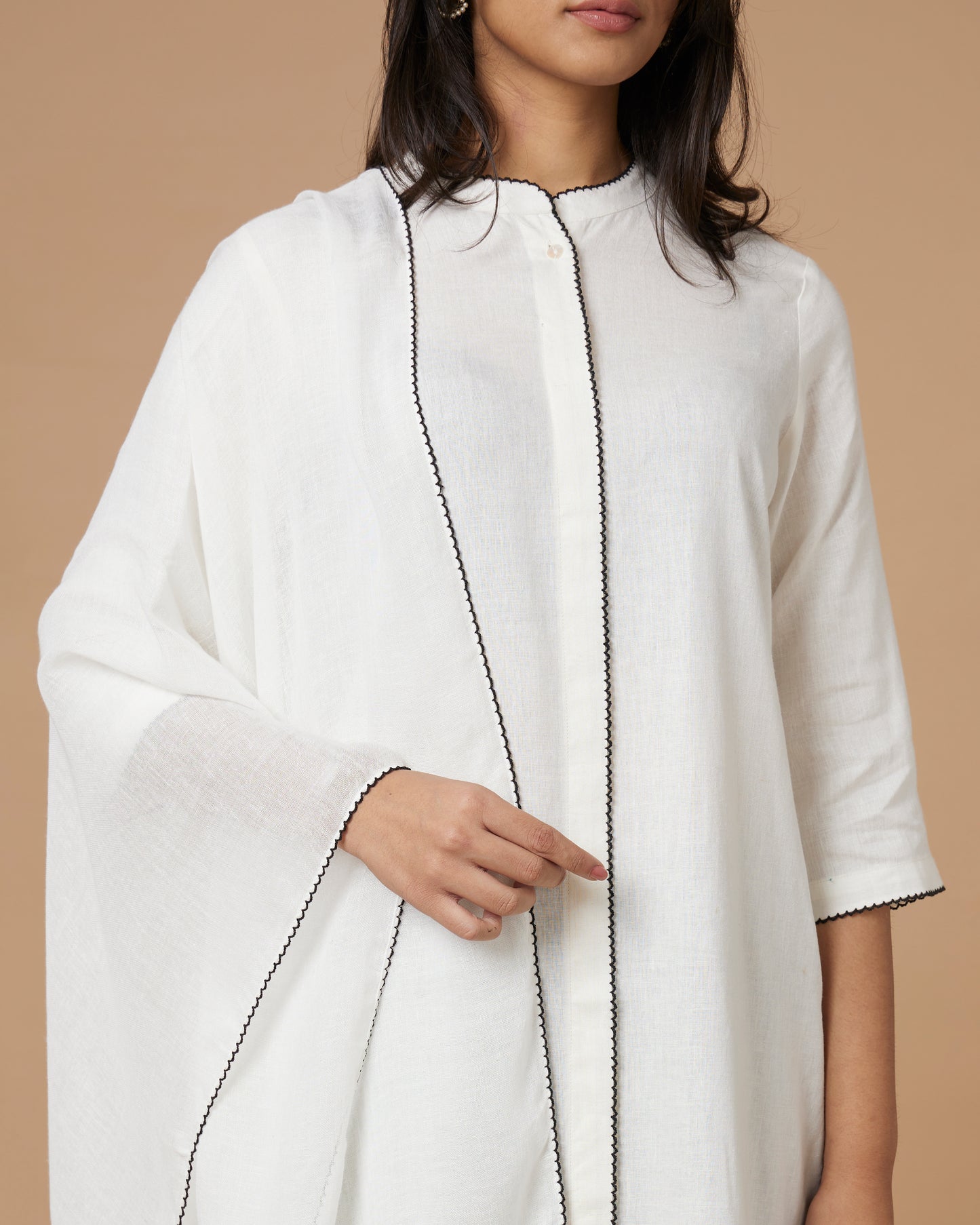 White & Black Cutwork Linen Kurta Set