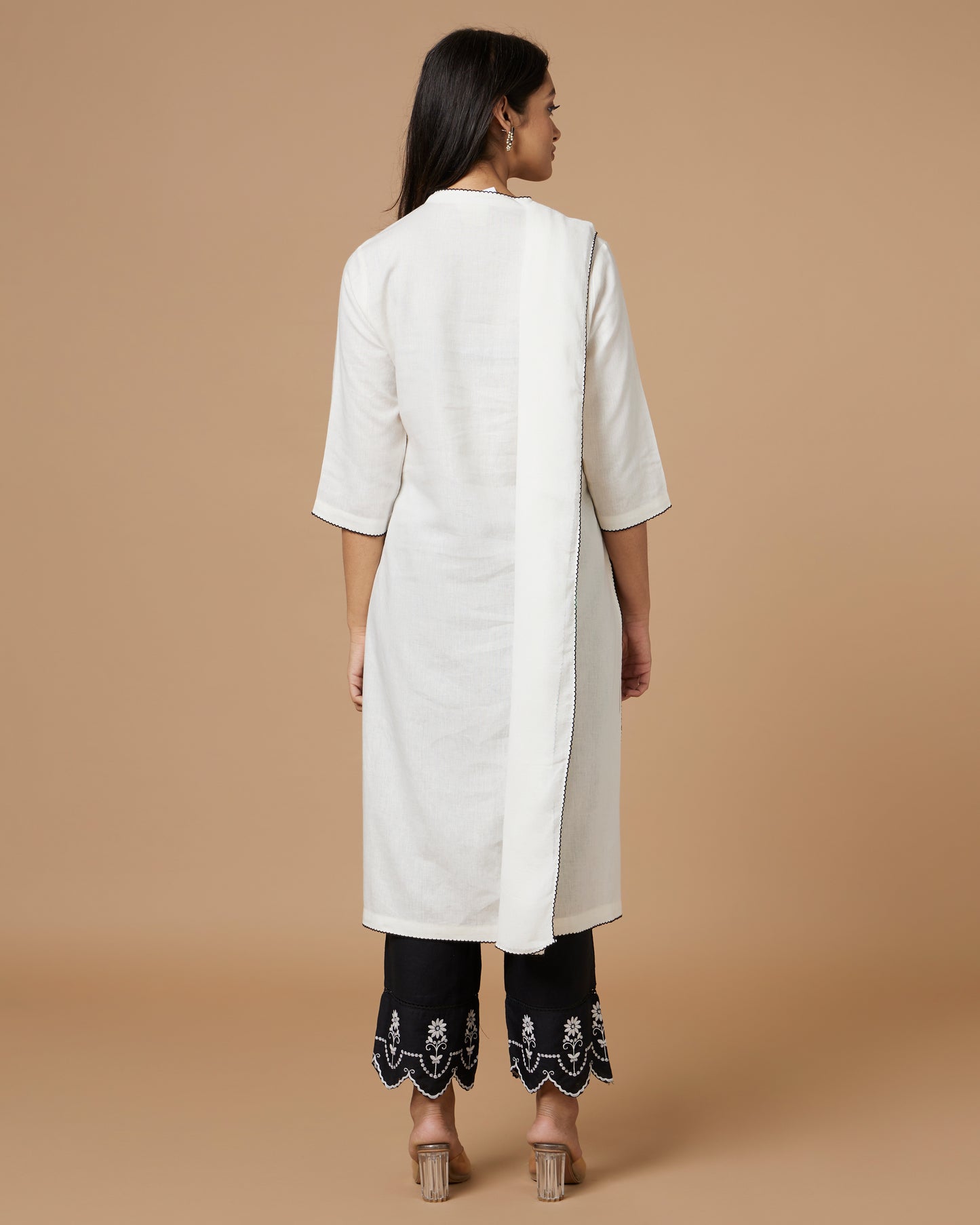 White & Black Cutwork Linen Kurta Set