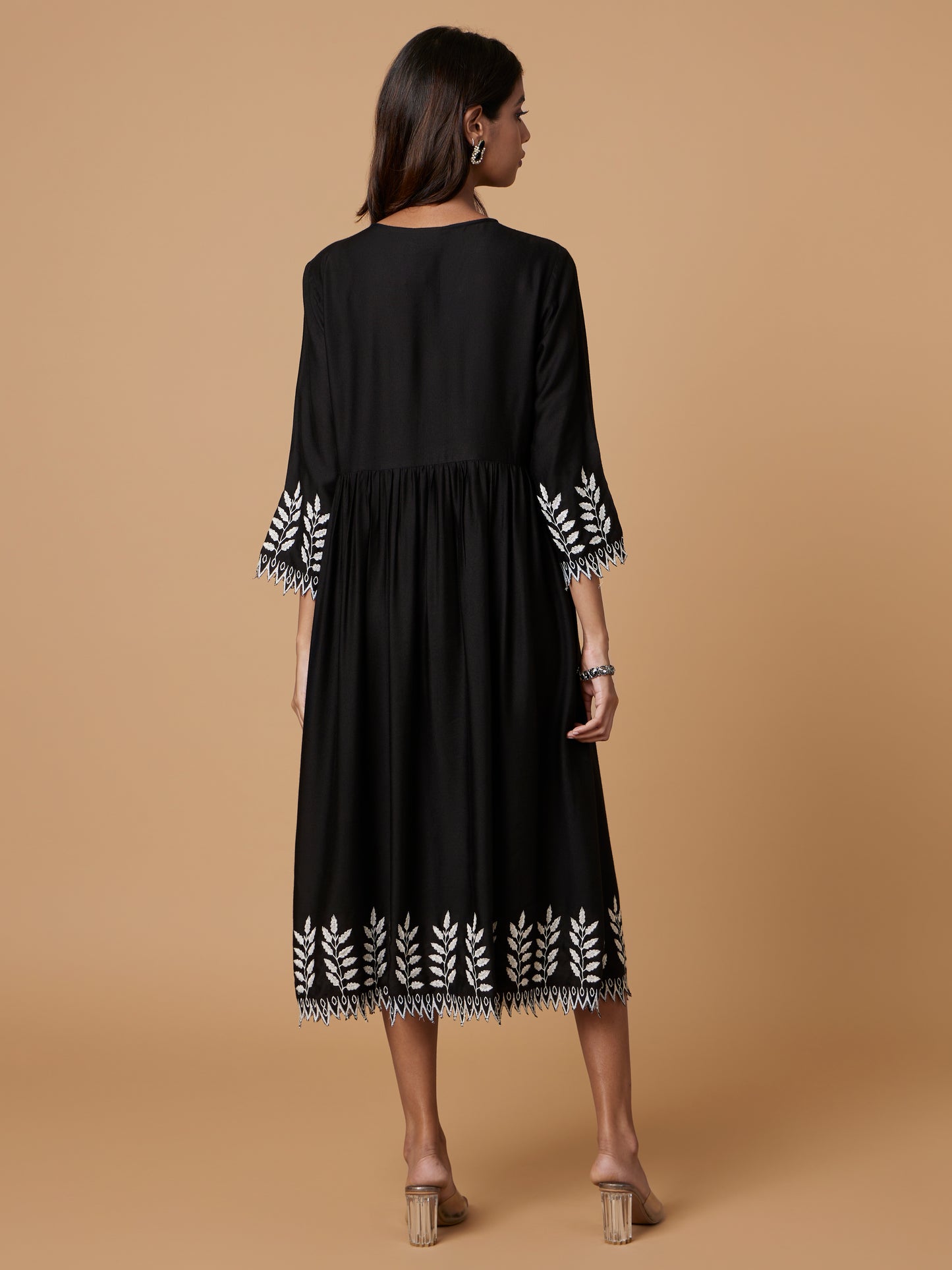Hand-Scalloped & Cutwork Black Dress
