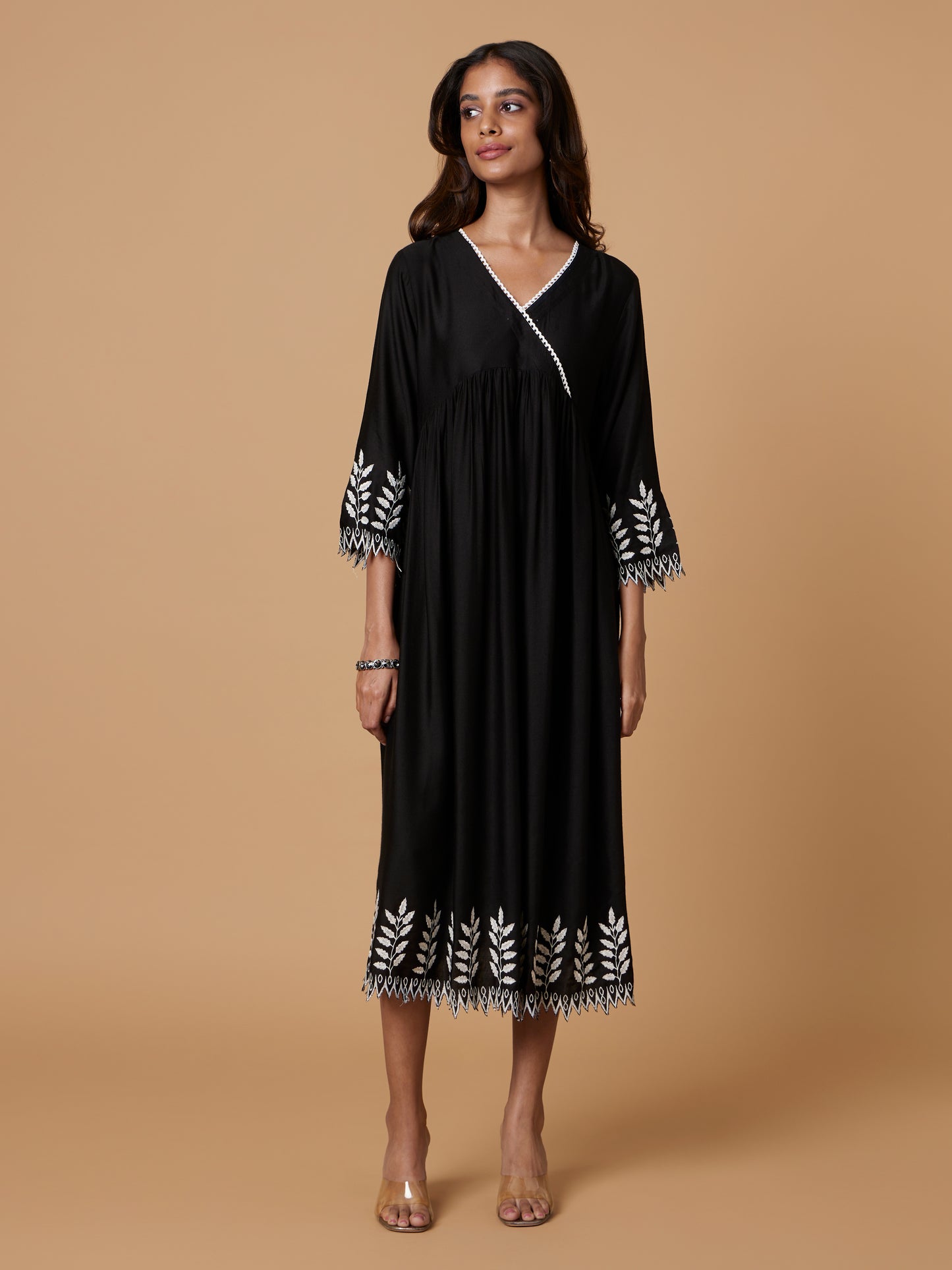 Hand-Scalloped & Cutwork Black Dress