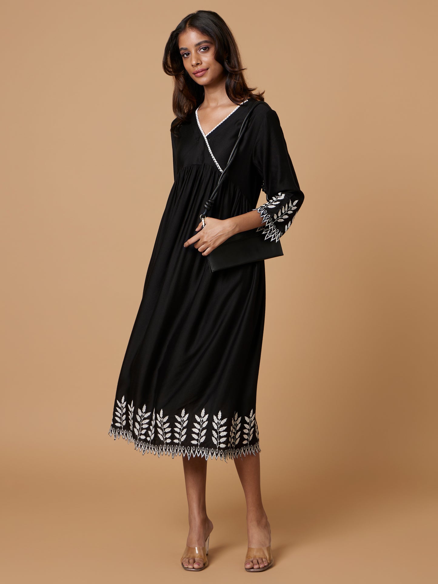 Hand-Scalloped & Cutwork Black Dress