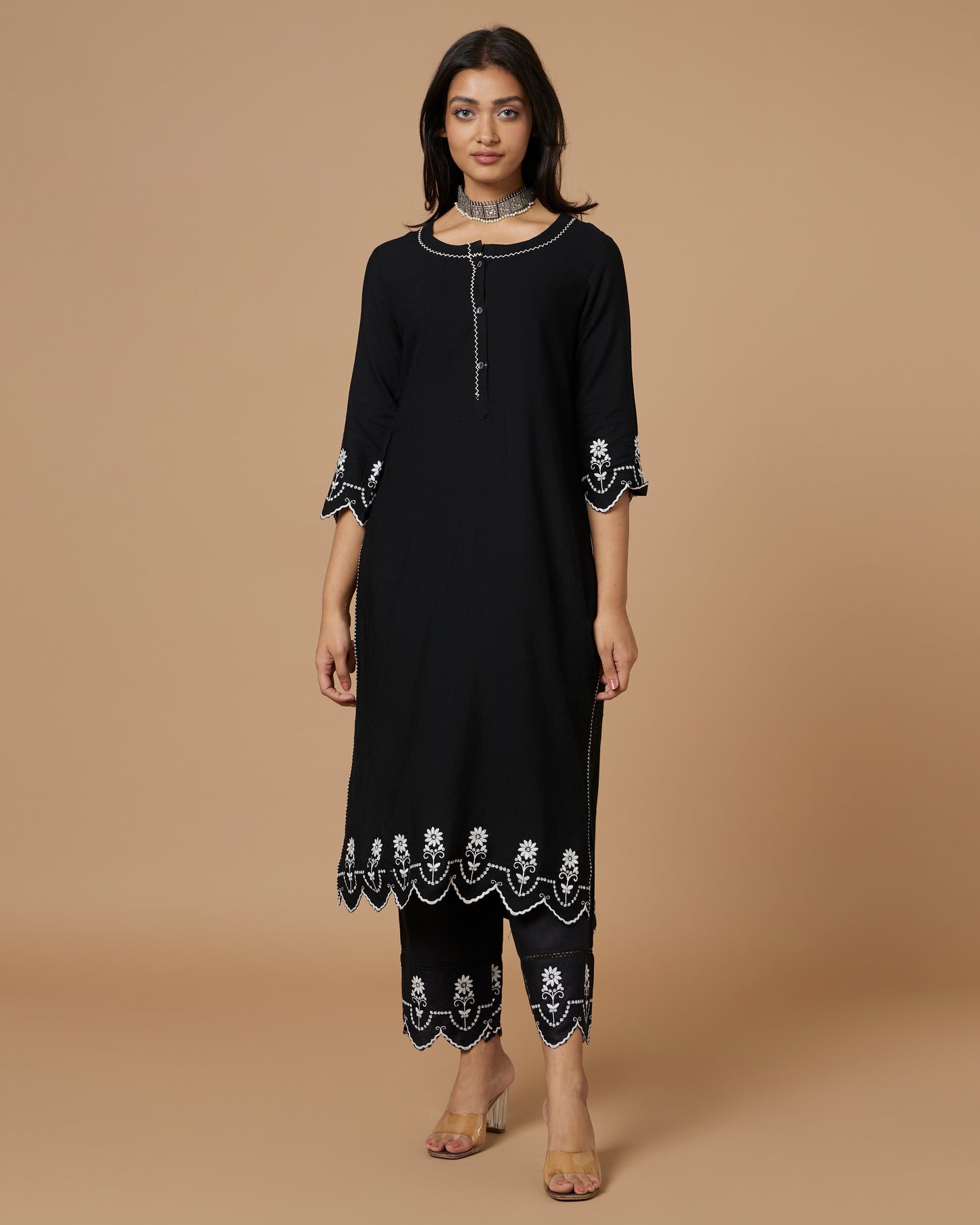 Black Cutwork Linen Kurta Set