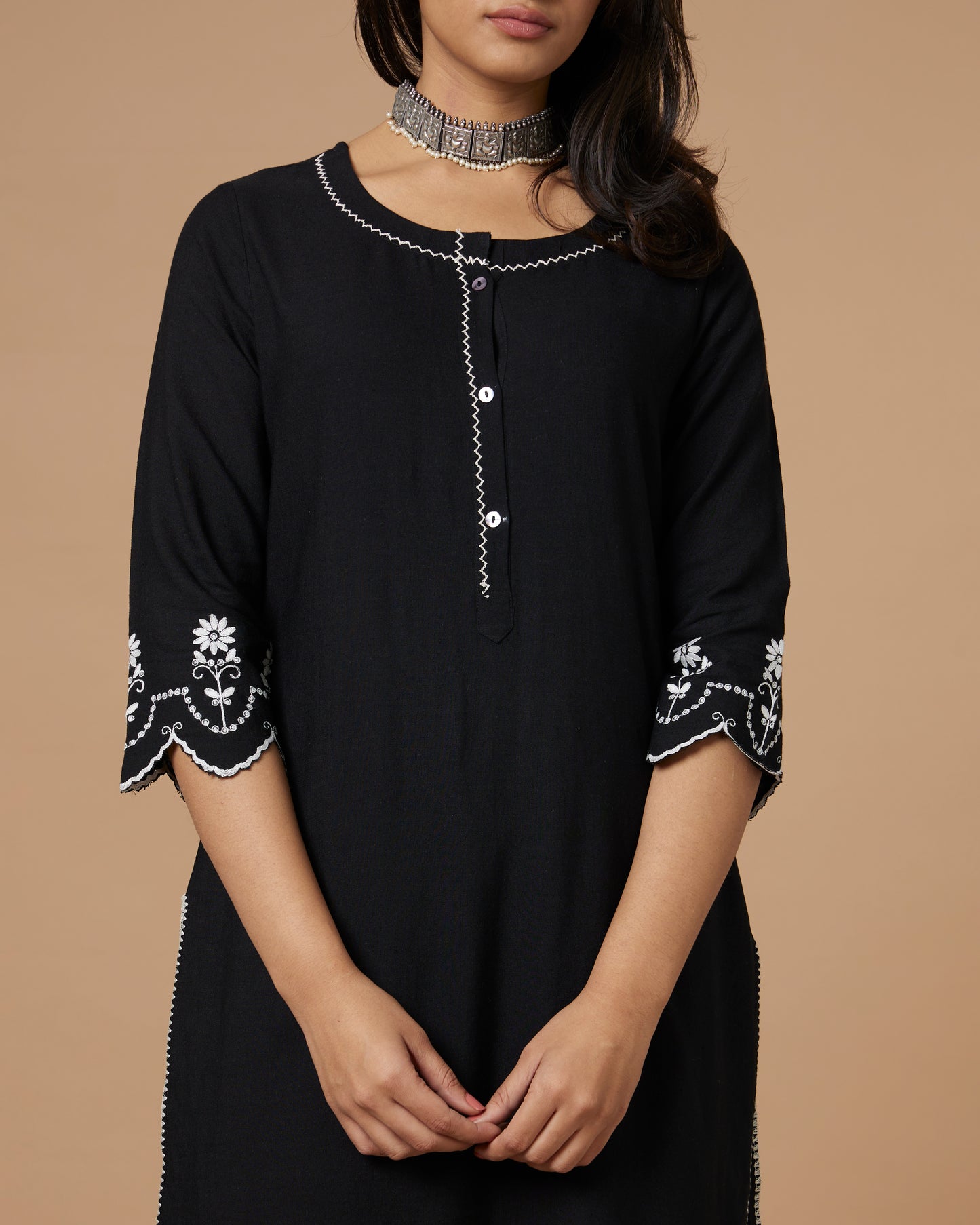 Black Cutwork Linen Kurta Set