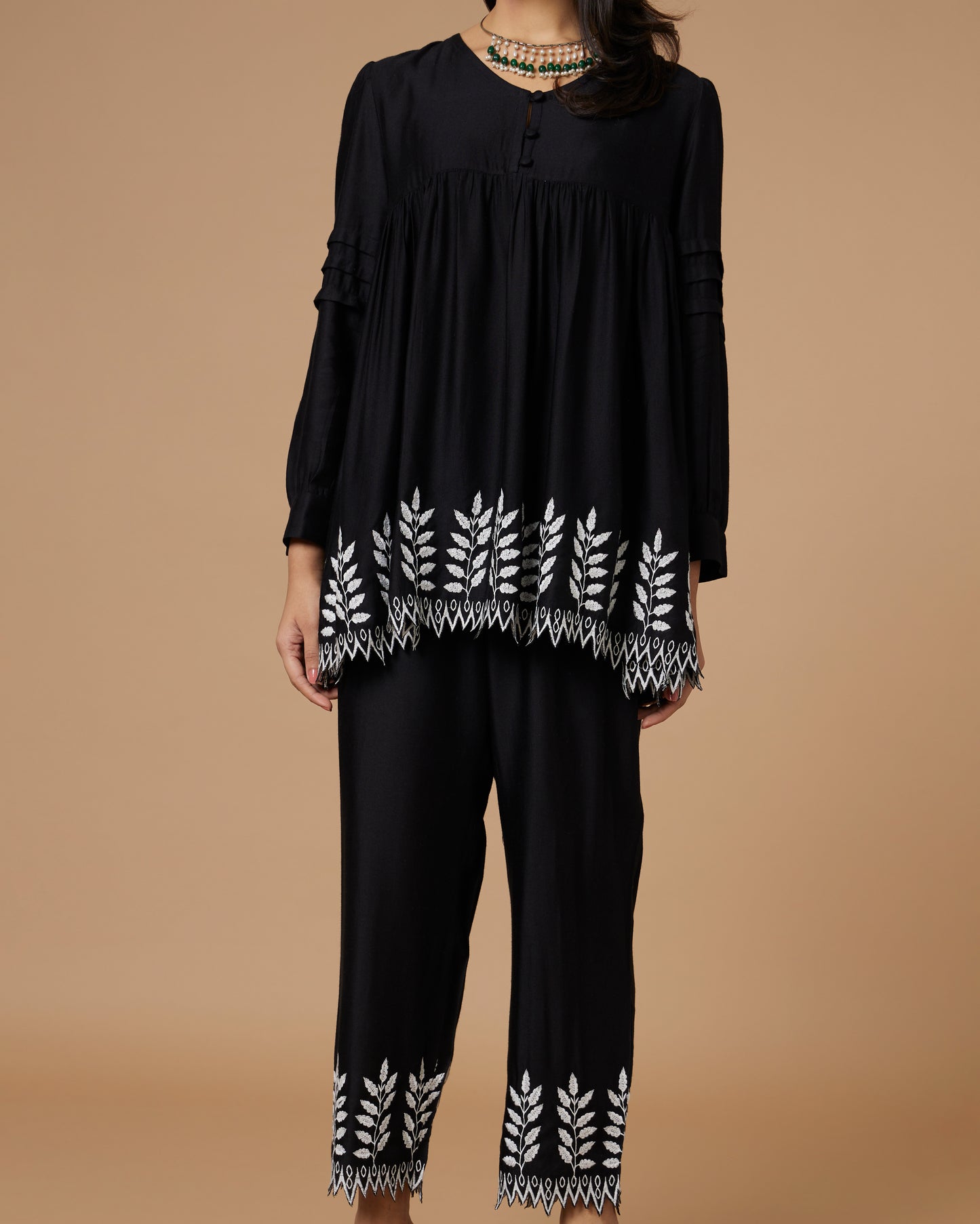 Black Hand-Scalloped & Cutwork Co-ord Set