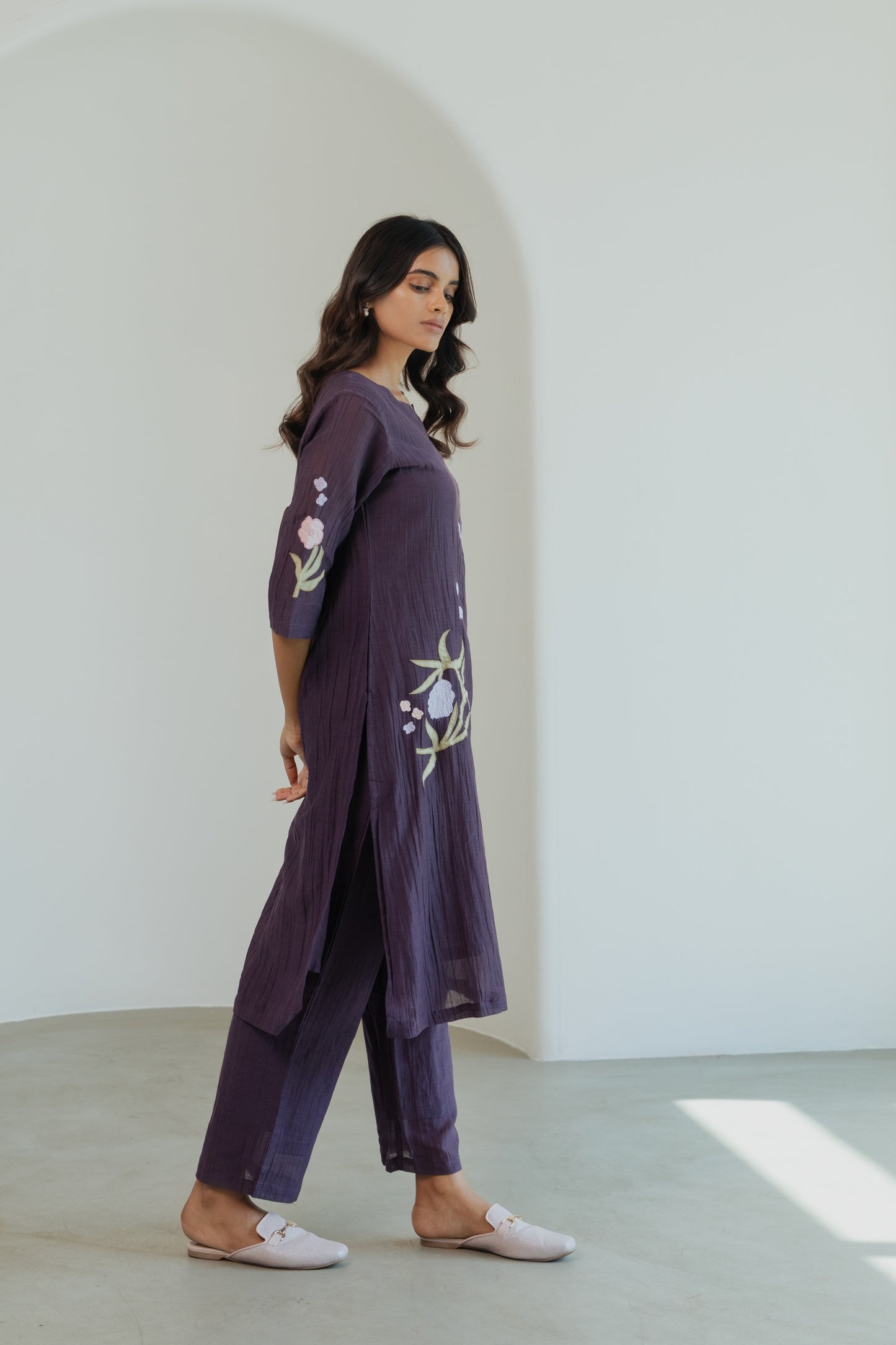 Crinkled Vegan Silk & Tencel Kurta Set-Dusk