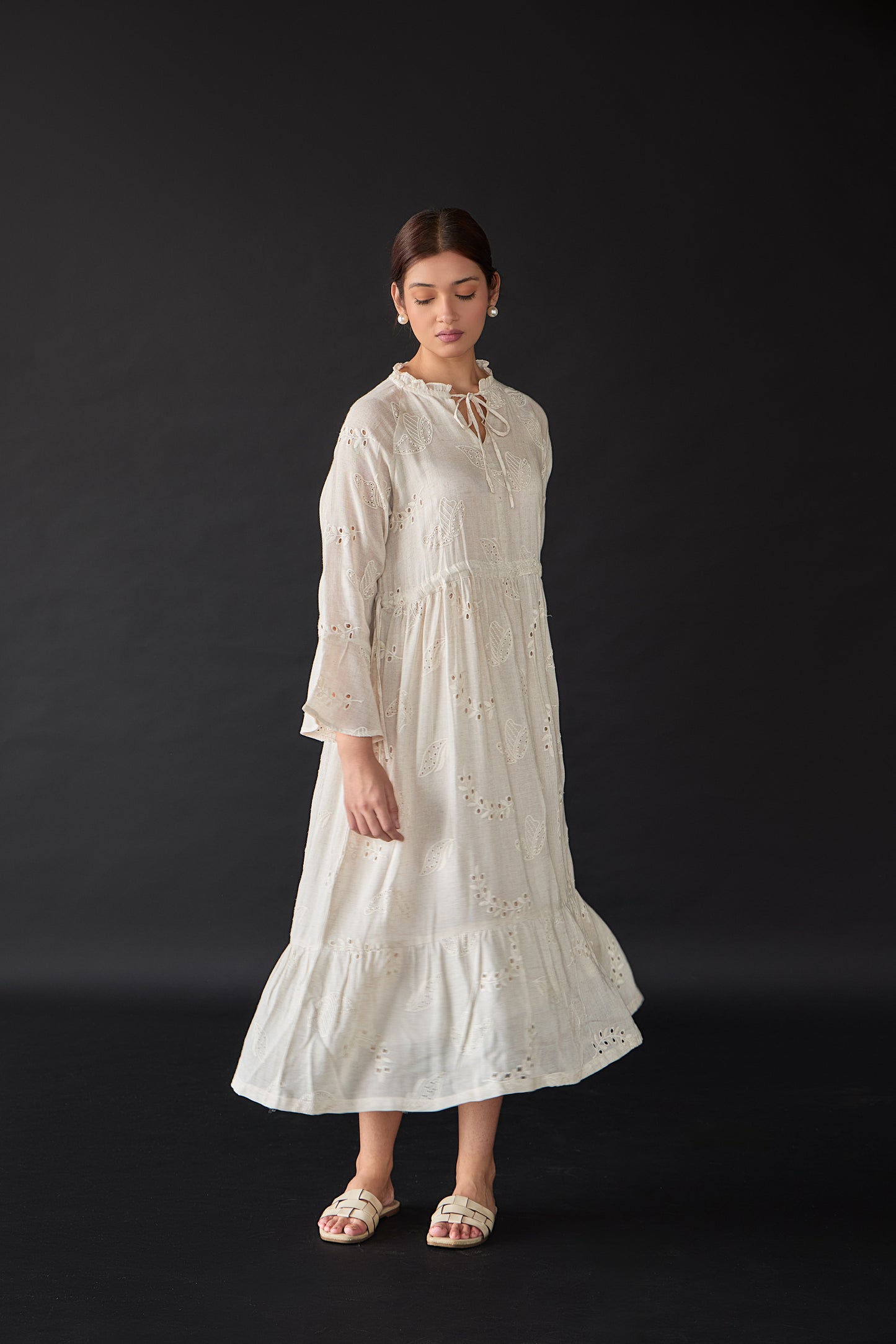 Natural Linen Cutwork Schiffli Dress
