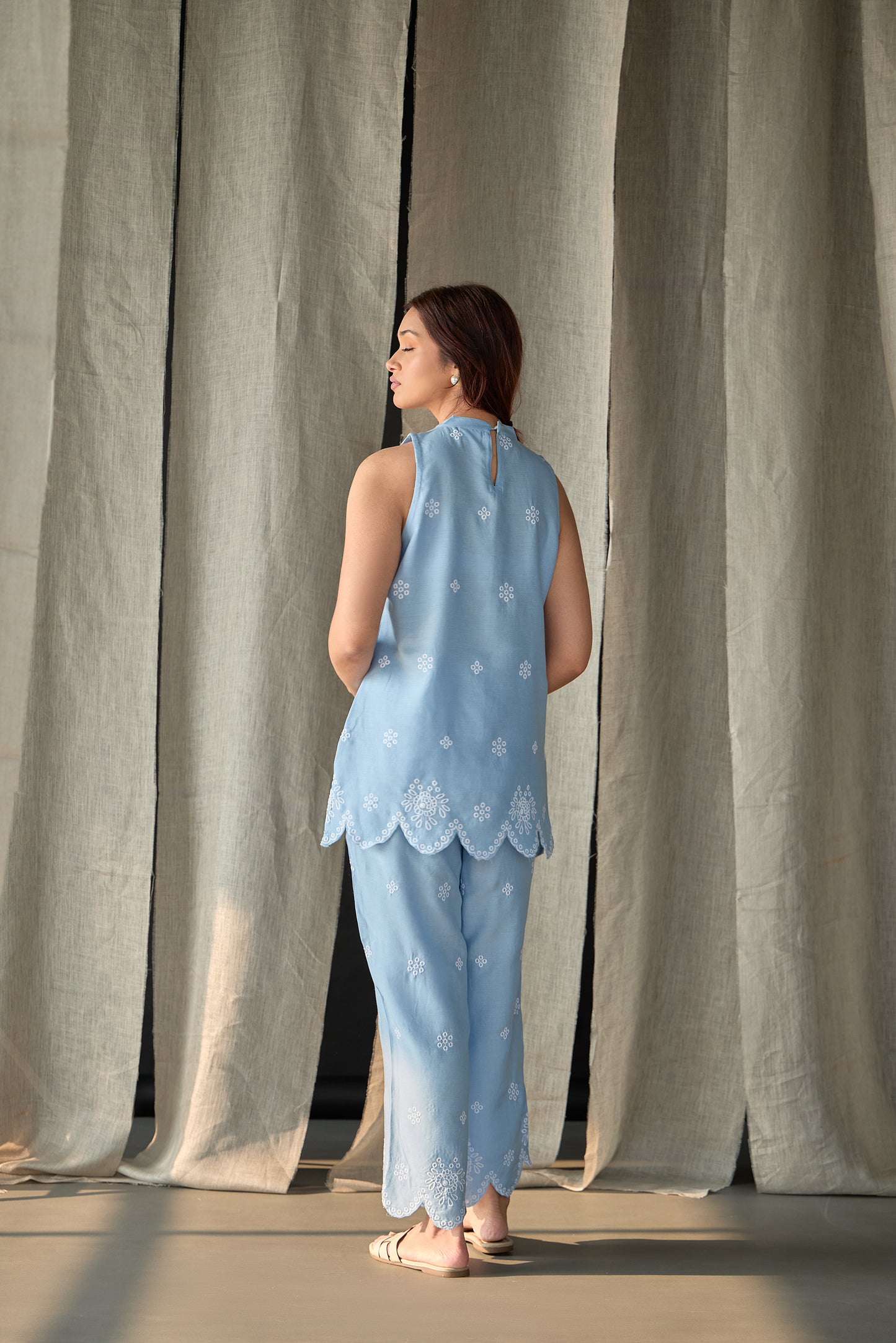 Hand Scalloped Sleeveless Linen Co-ord Set-Blue