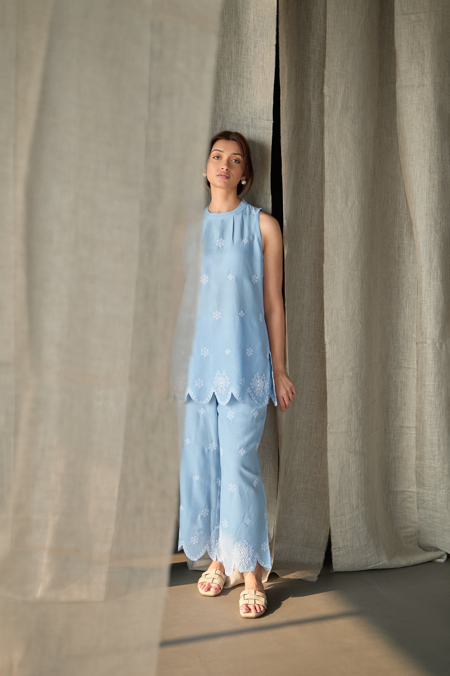 Hand Scalloped Sleeveless Linen Co-ord Set-Blue