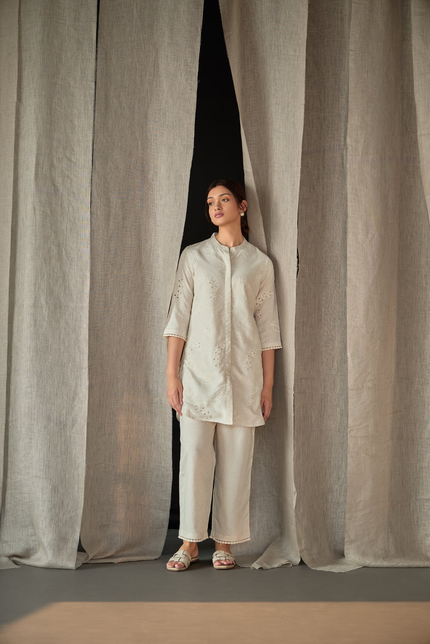 Natural Linen Schiffli Cutwork Co-ord Set