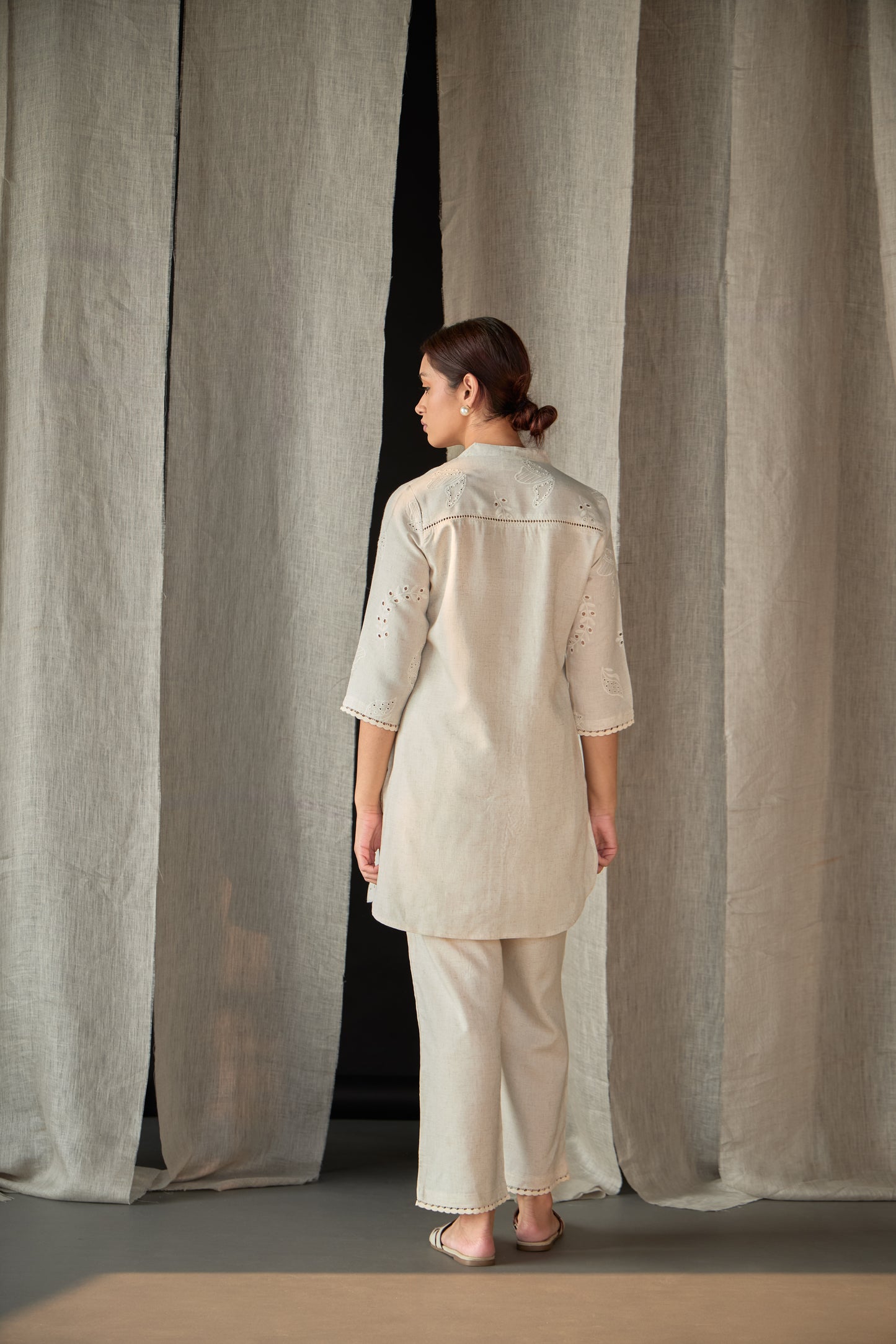 Natural Linen Schiffli Cutwork Co-ord Set