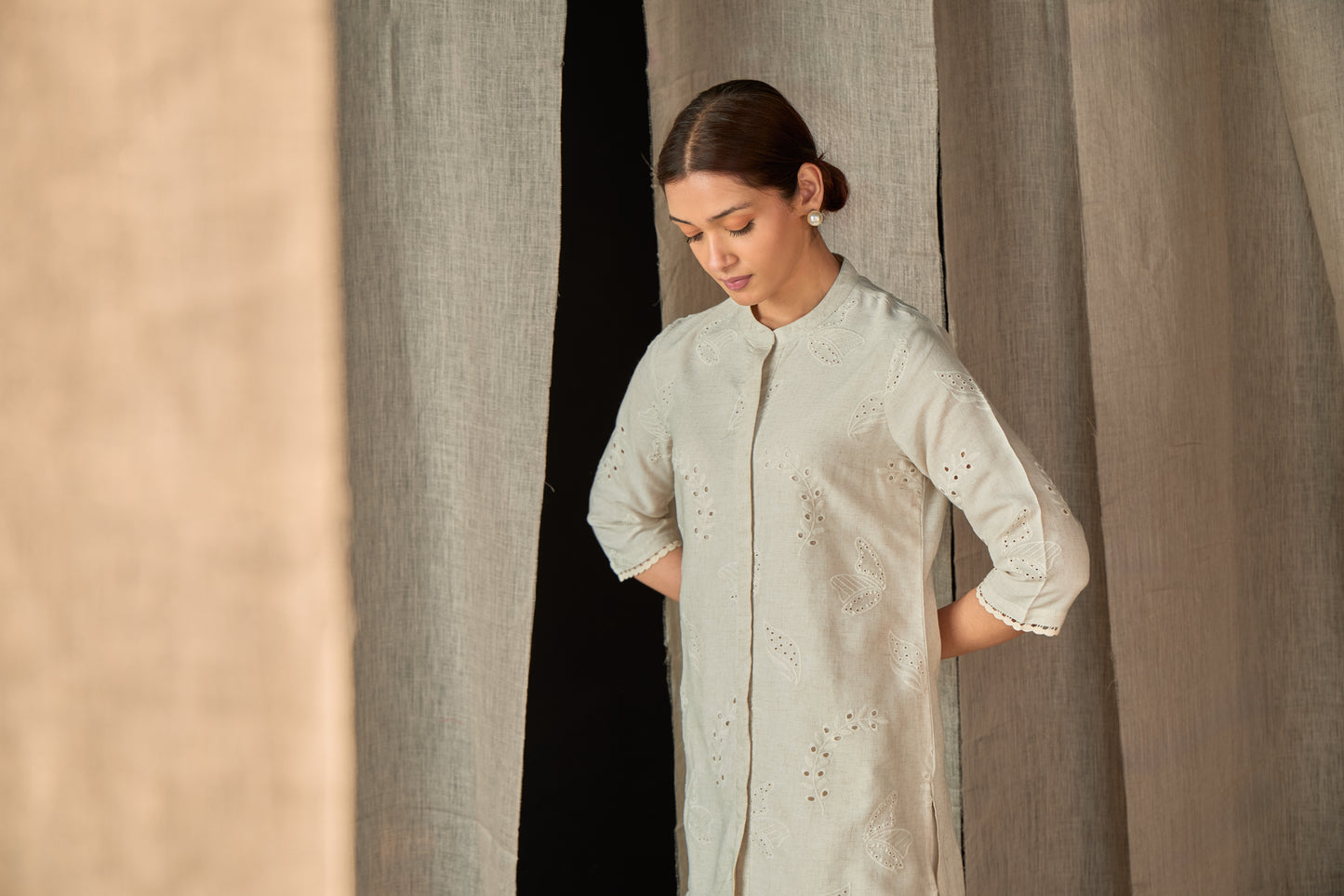 Natural Linen Schiffli Cutwork Co-ord Set