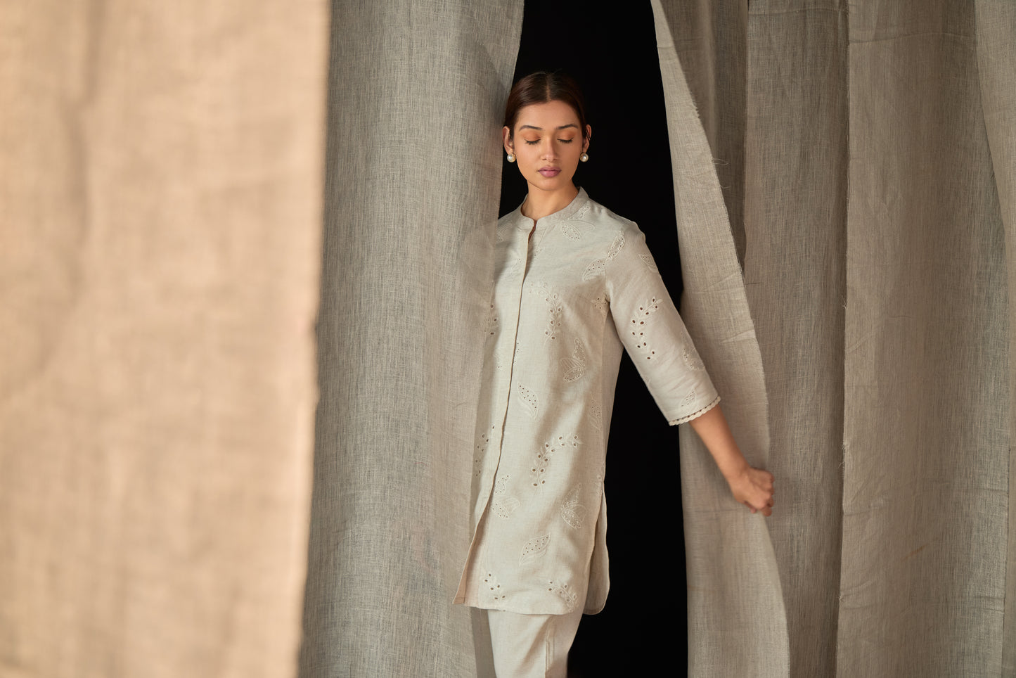 Natural Linen Schiffli Cutwork Co-ord Set