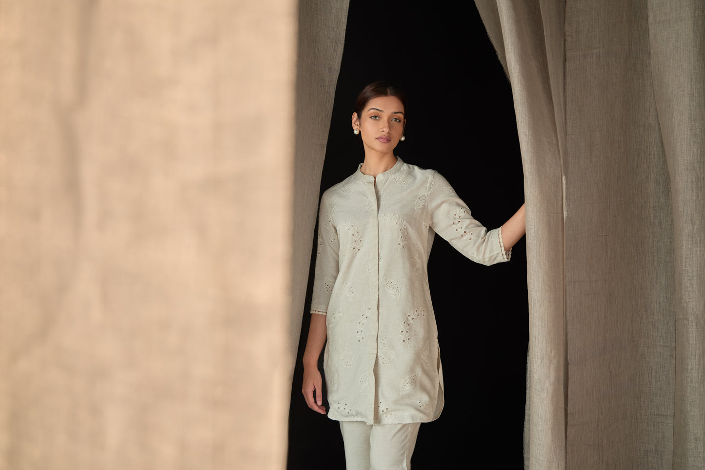 Natural Linen Schiffli Cutwork Co-ord Set