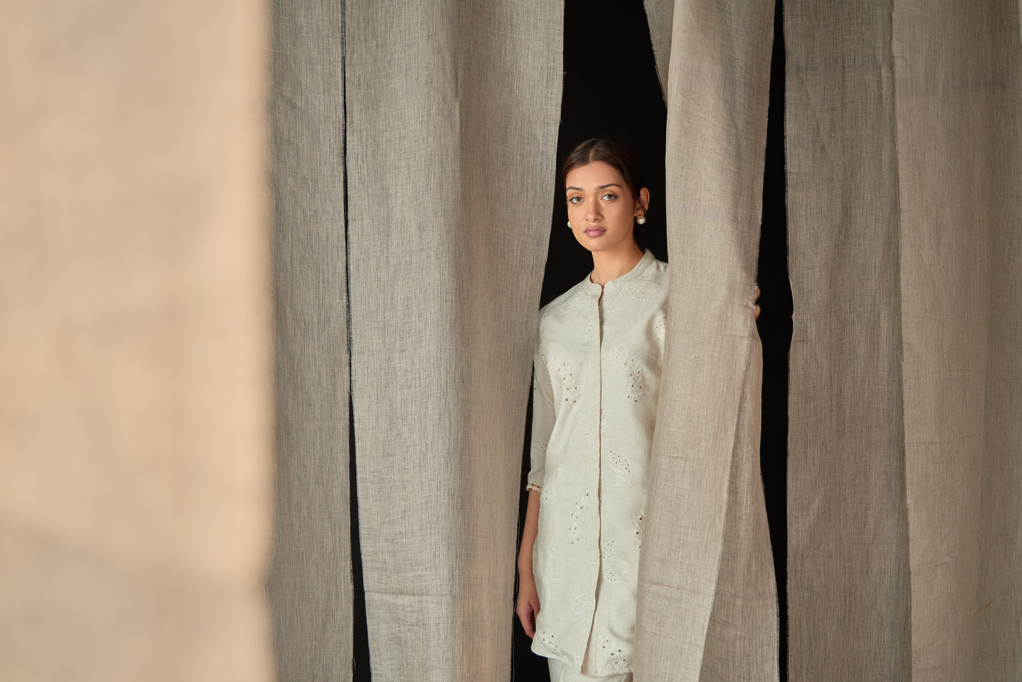 Natural Linen Schiffli Cutwork Co-ord Set