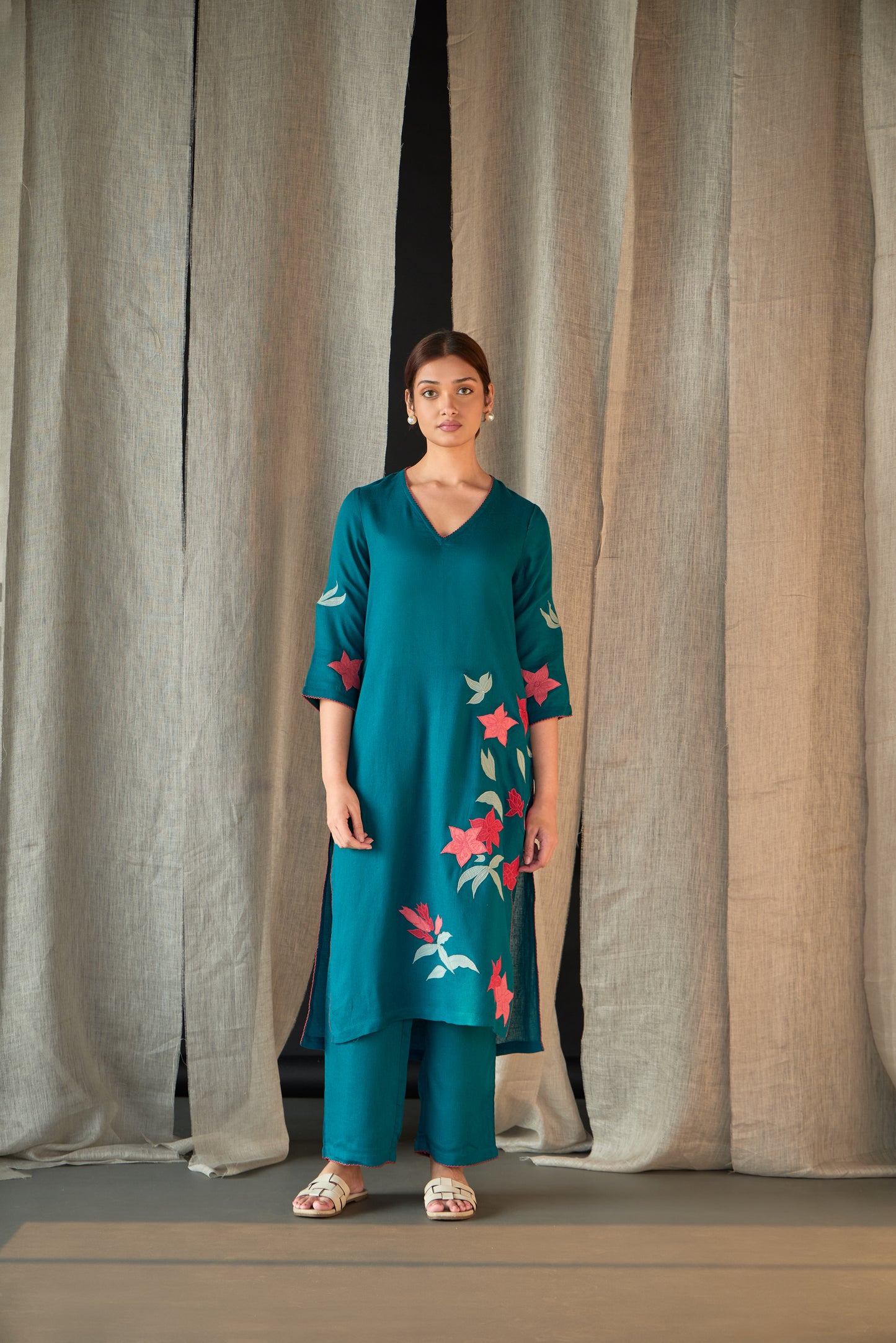 Teal Applique Linen Kurta Set