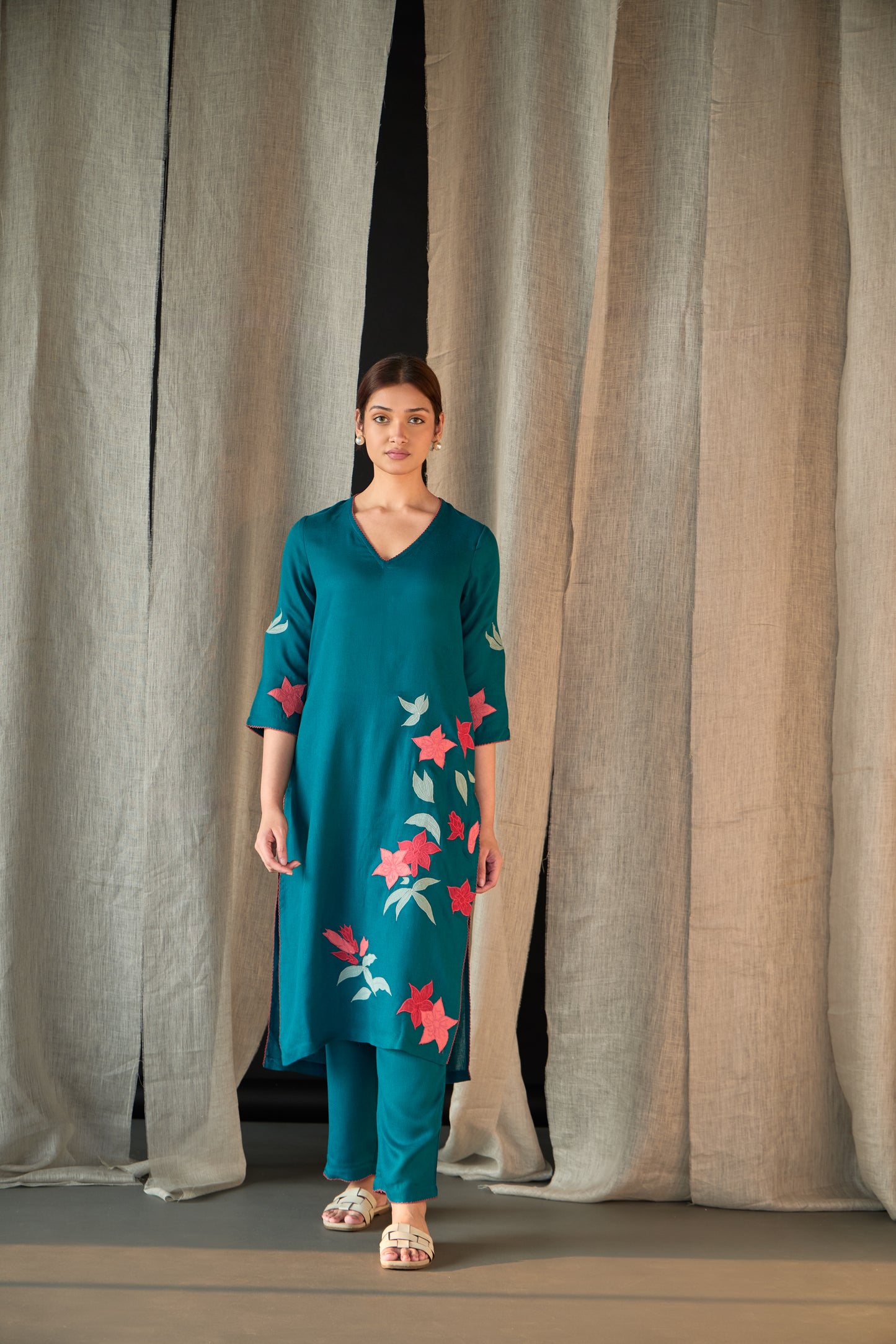 Teal Applique Linen Kurta Set
