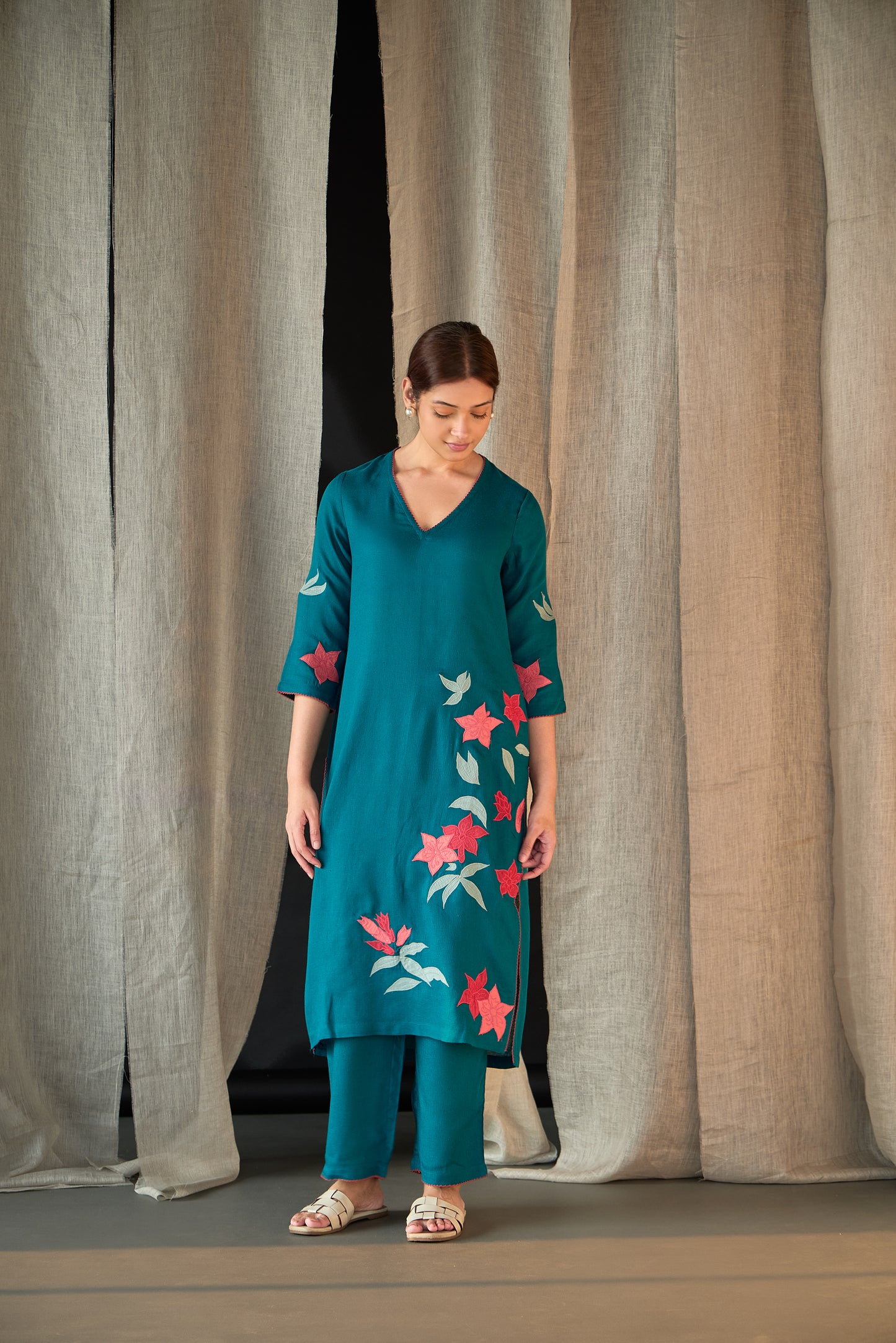 Teal Applique Linen Kurta Set