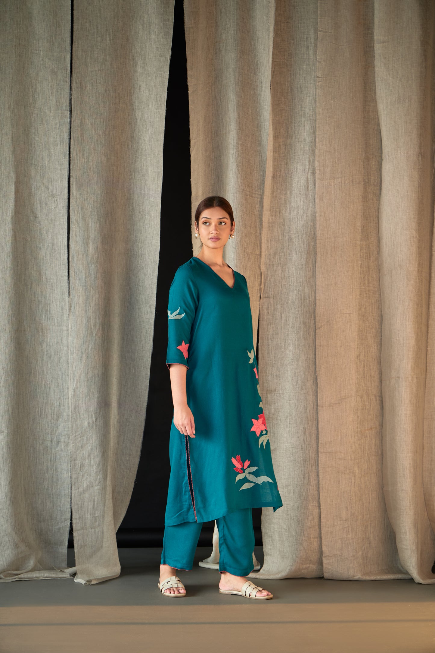 Teal Applique Linen Kurta Set