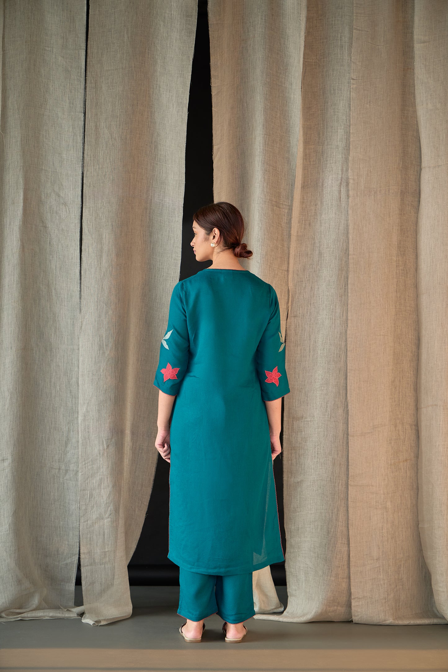 Teal Applique Linen Kurta Set