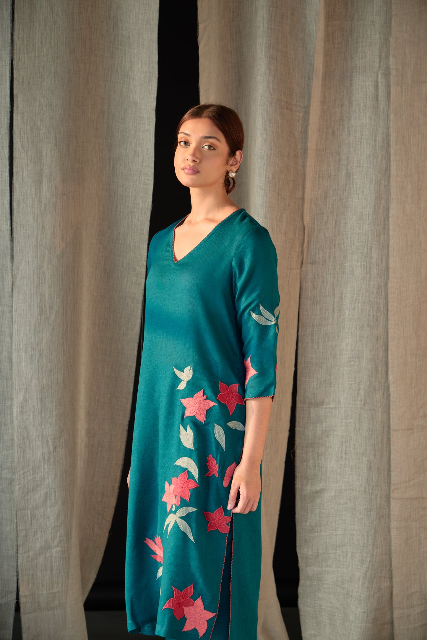Teal Applique Linen Kurta Set
