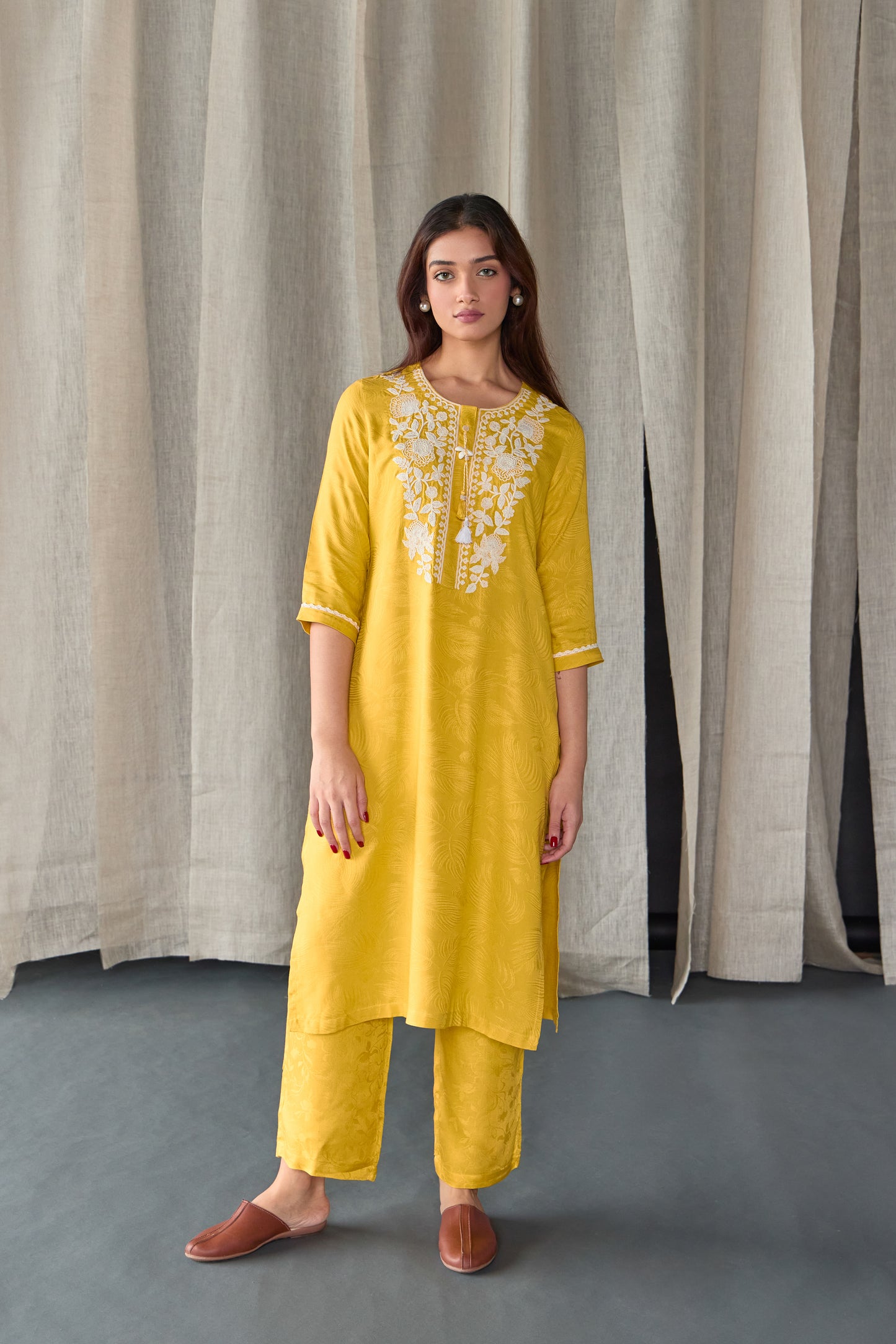 Mustard Jacquard Ecovero Kurta Set
