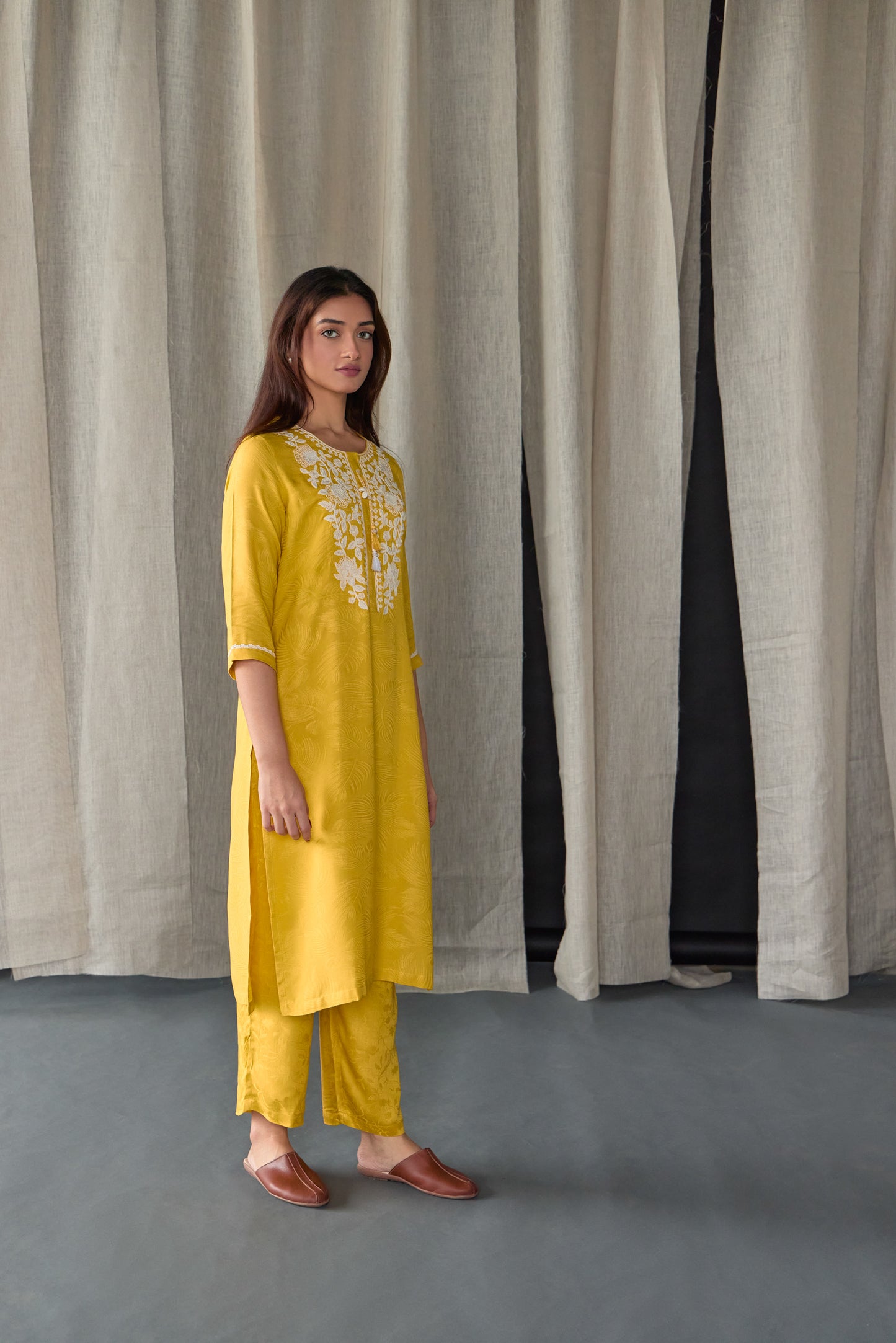 Mustard Jacquard Ecovero Kurta Set
