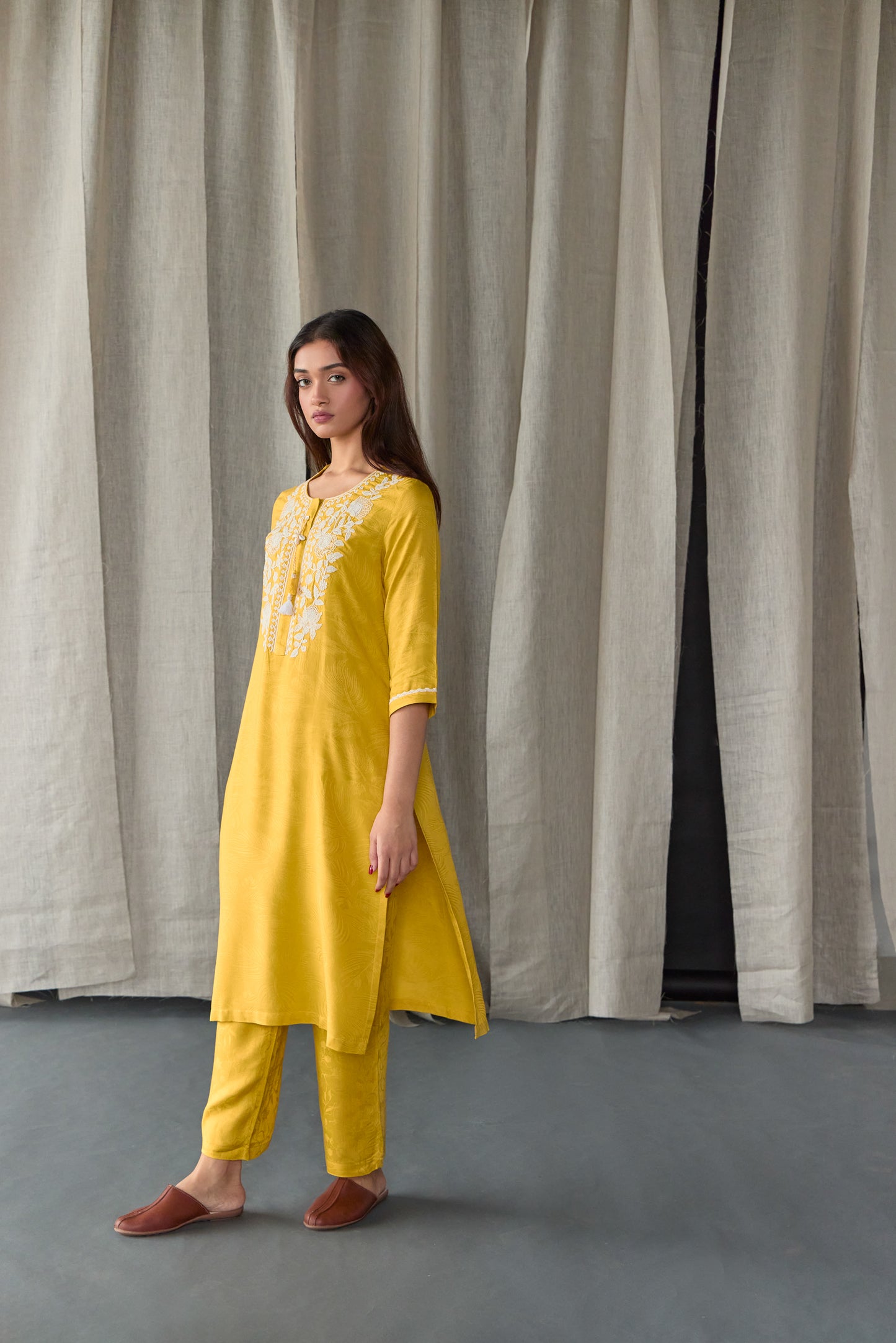 Mustard Jacquard Ecovero Kurta Set