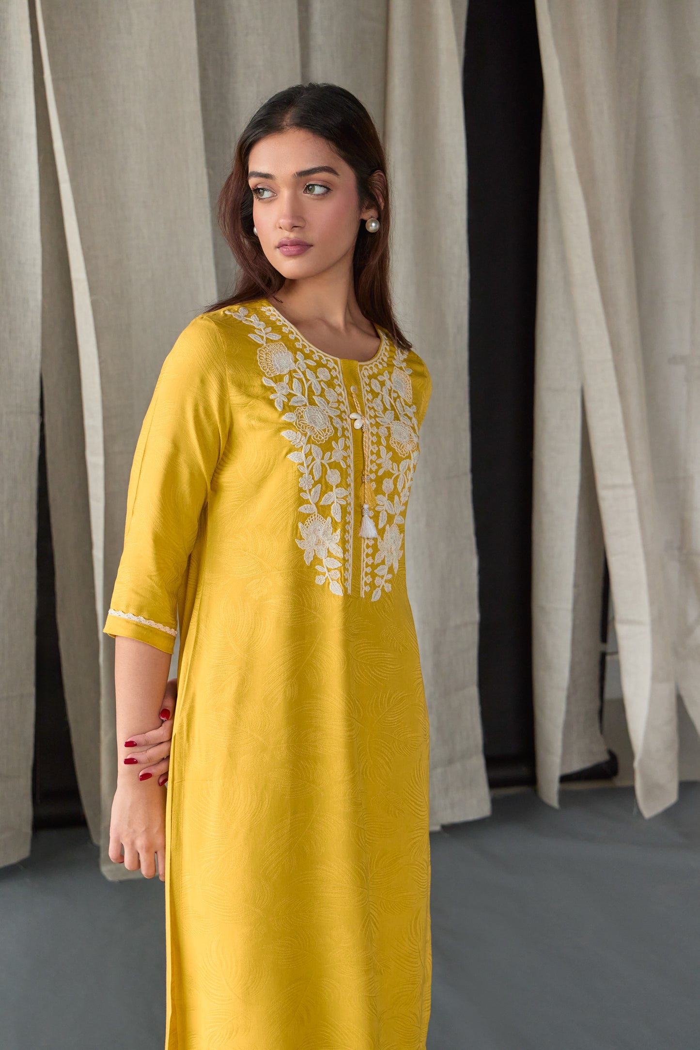 Mustard Jacquard Ecovero Kurta Set