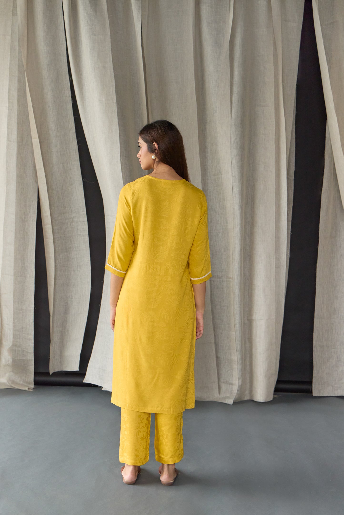 Mustard Jacquard Ecovero Kurta Set