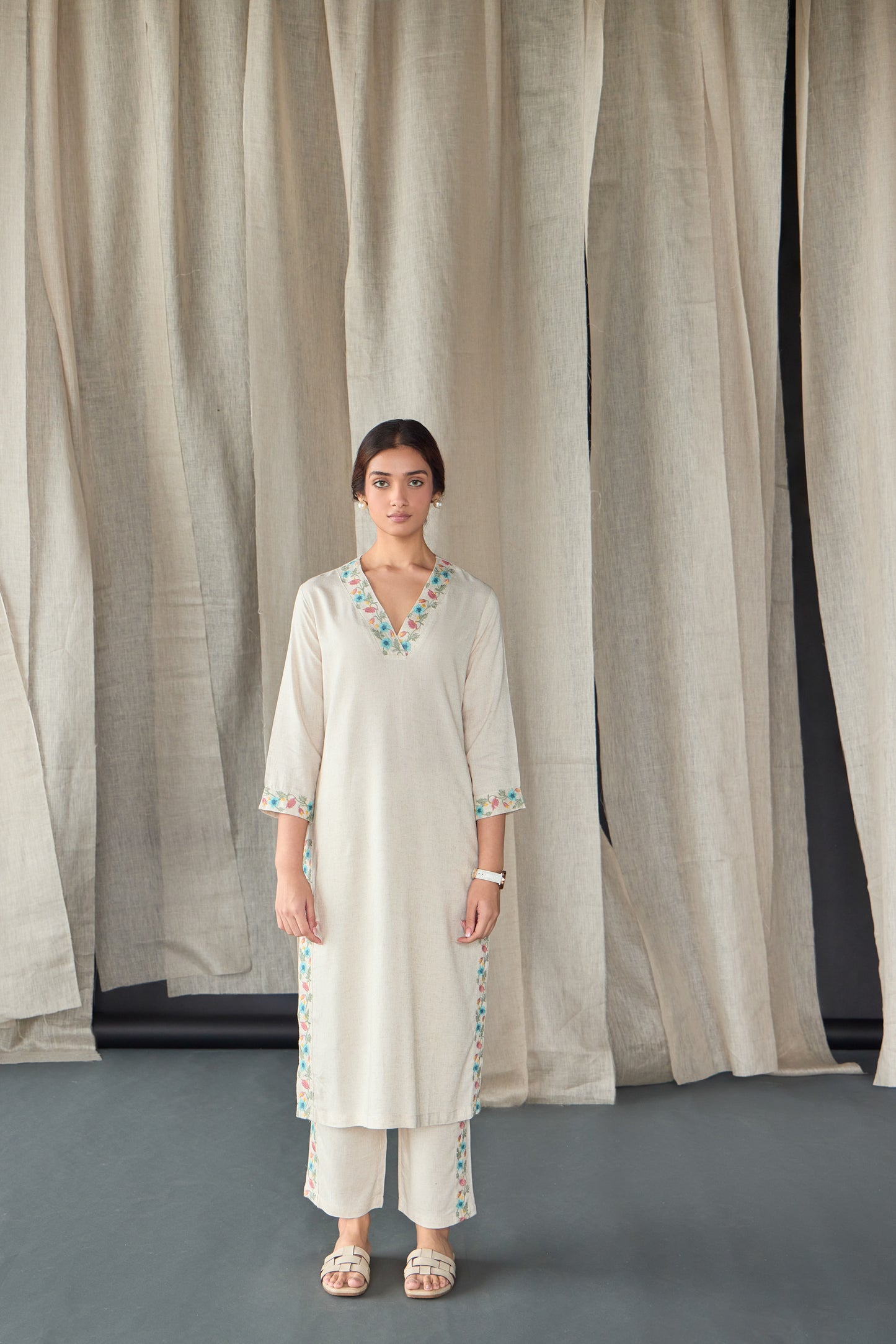Natural Linen Embroidered Kurta Set
