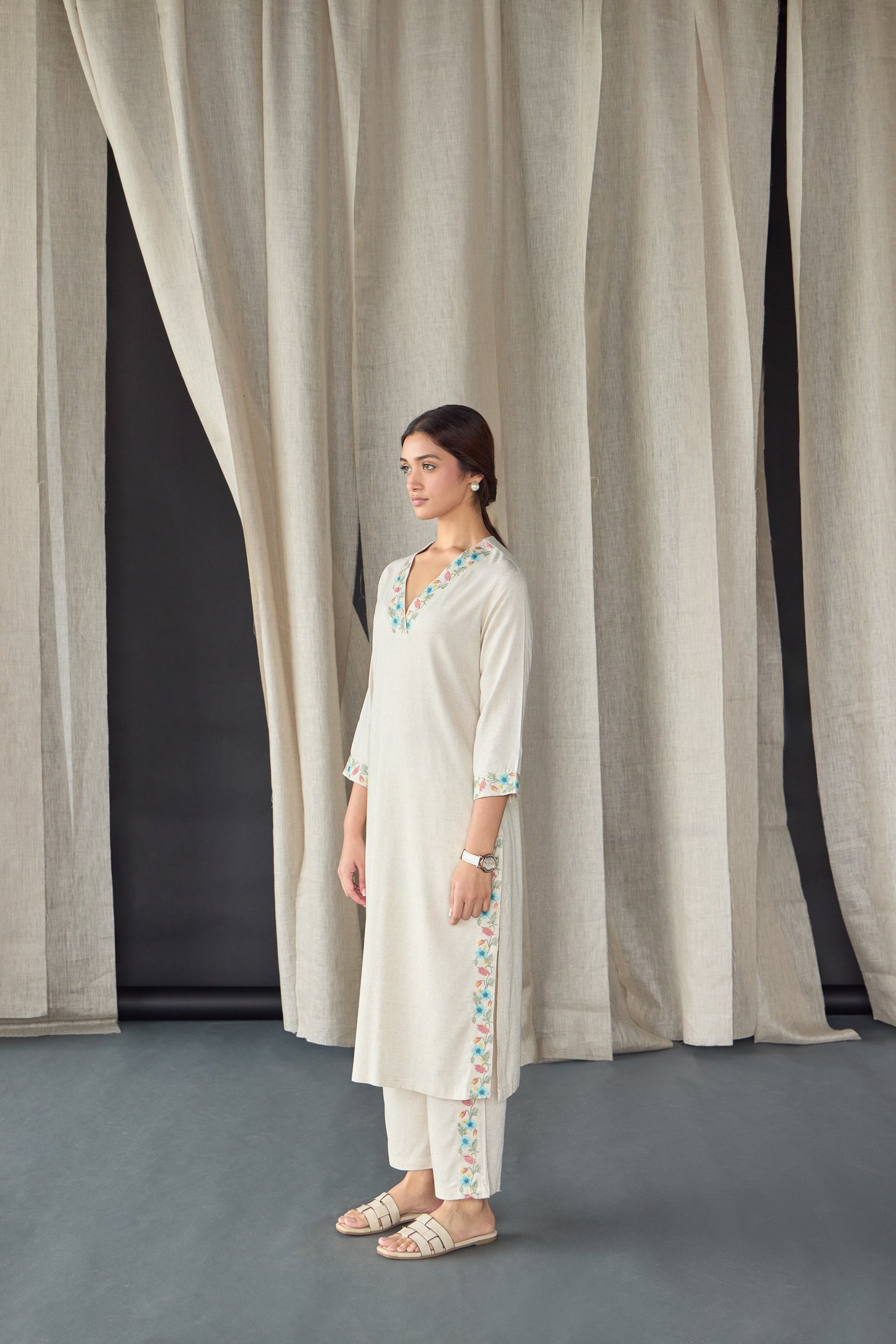 Natural Linen Embroidered Kurta Set