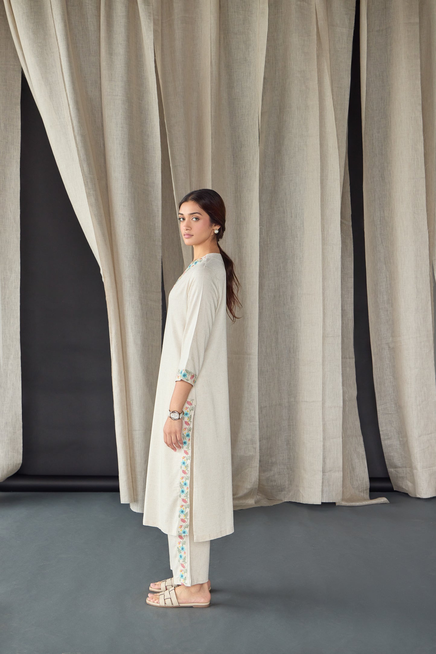 Natural Linen Embroidered Kurta Set