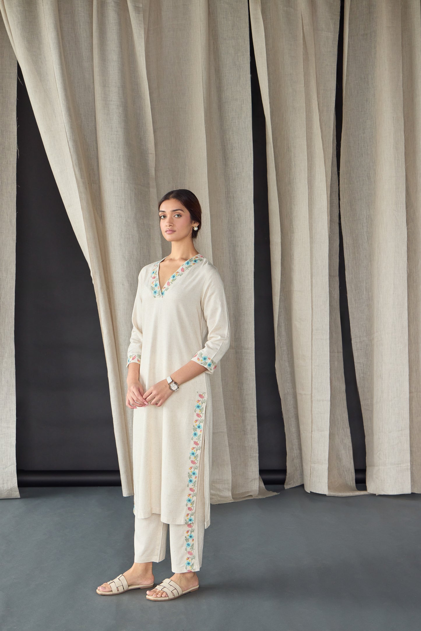 Natural Linen Embroidered Kurta Set