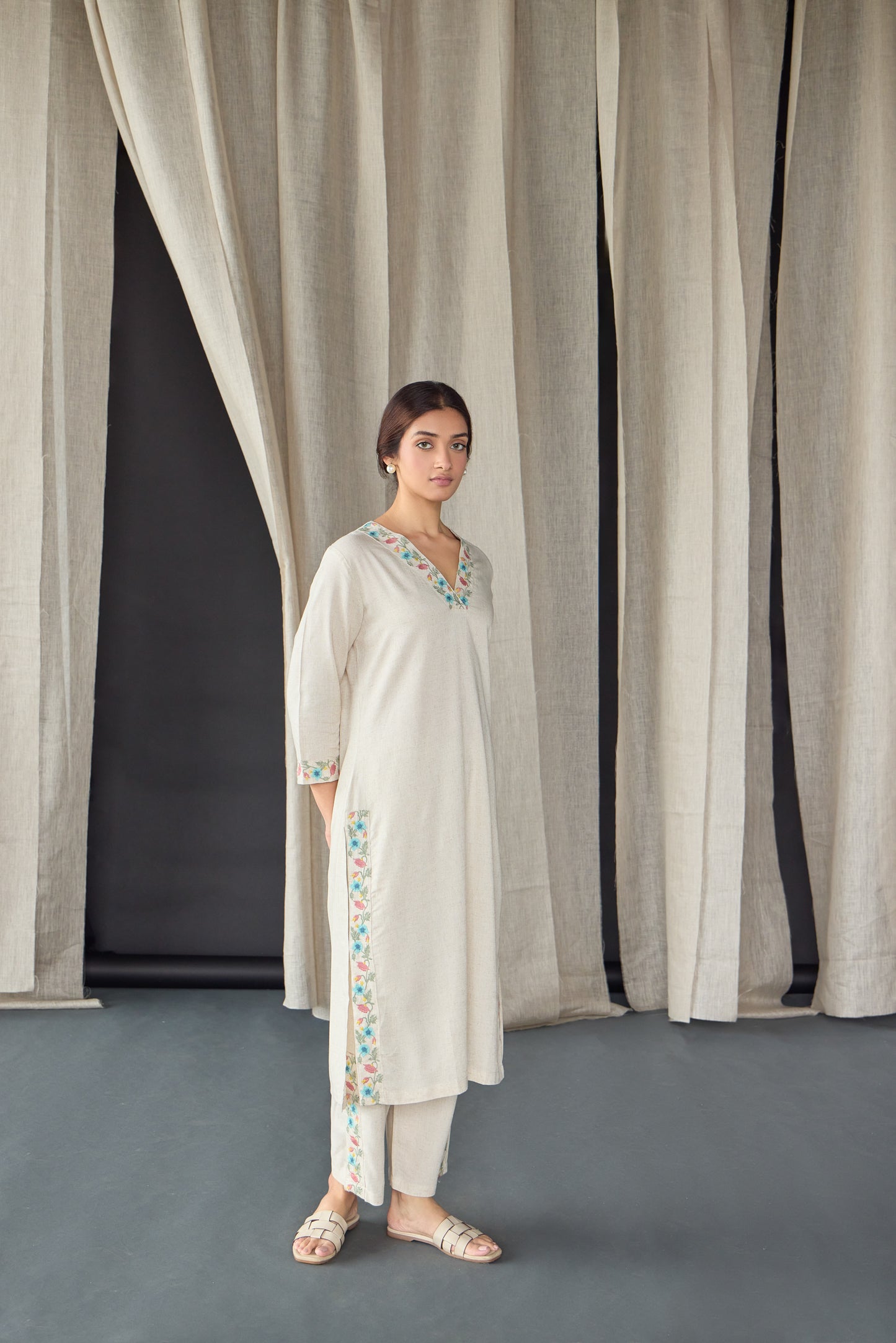 Natural Linen Embroidered Kurta Set