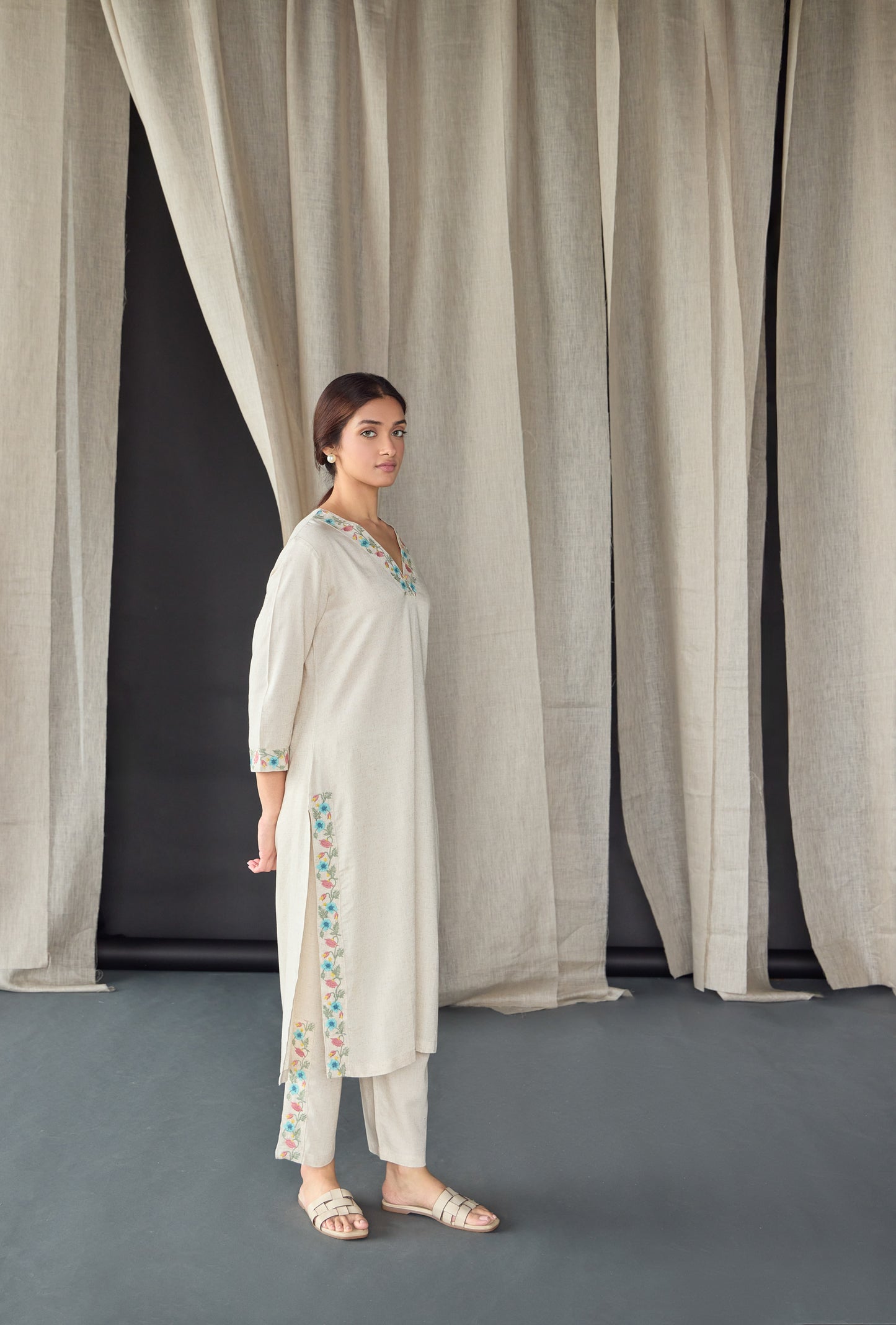 Natural Linen Embroidered Kurta Set