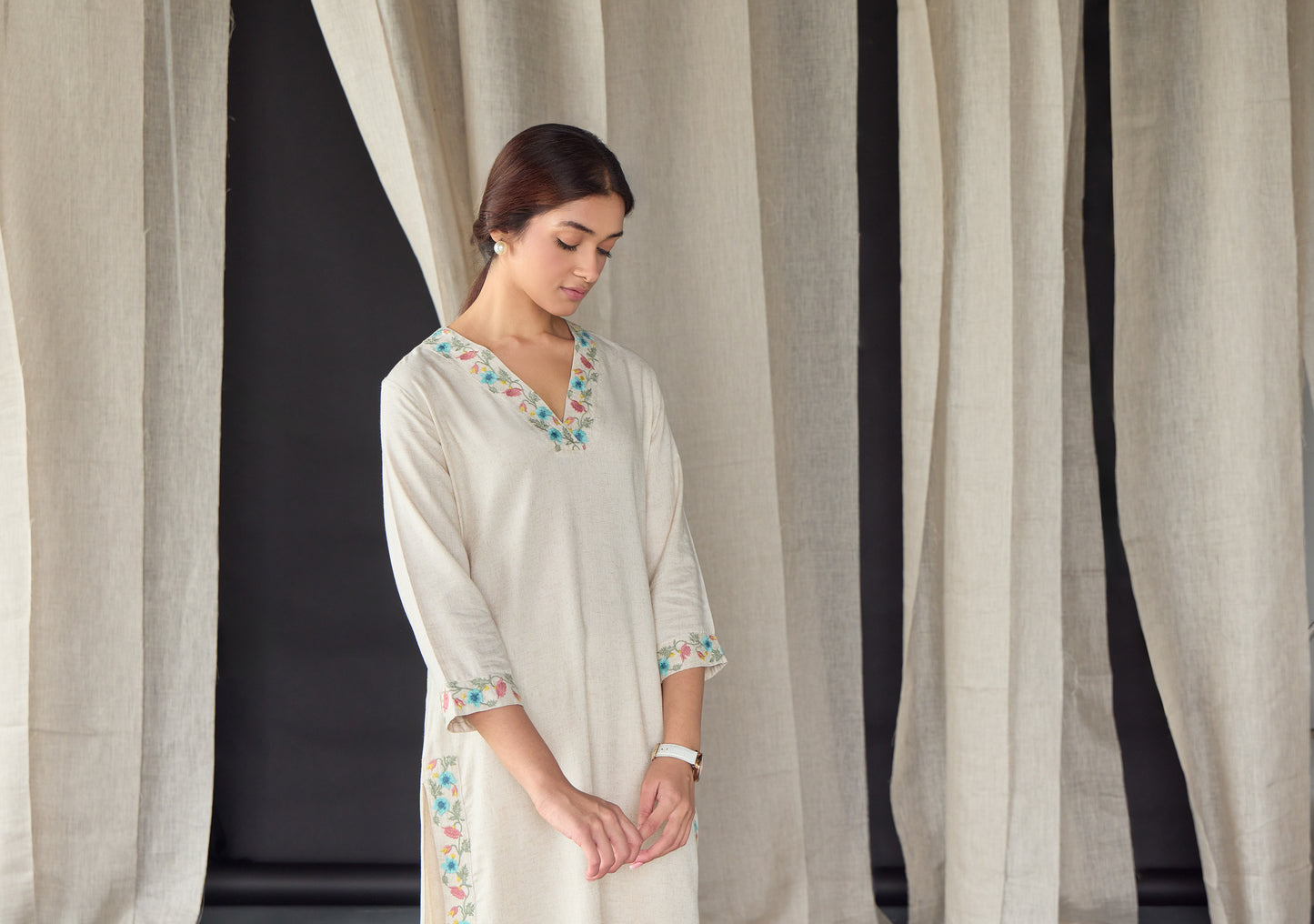 Natural Linen Embroidered Kurta Set