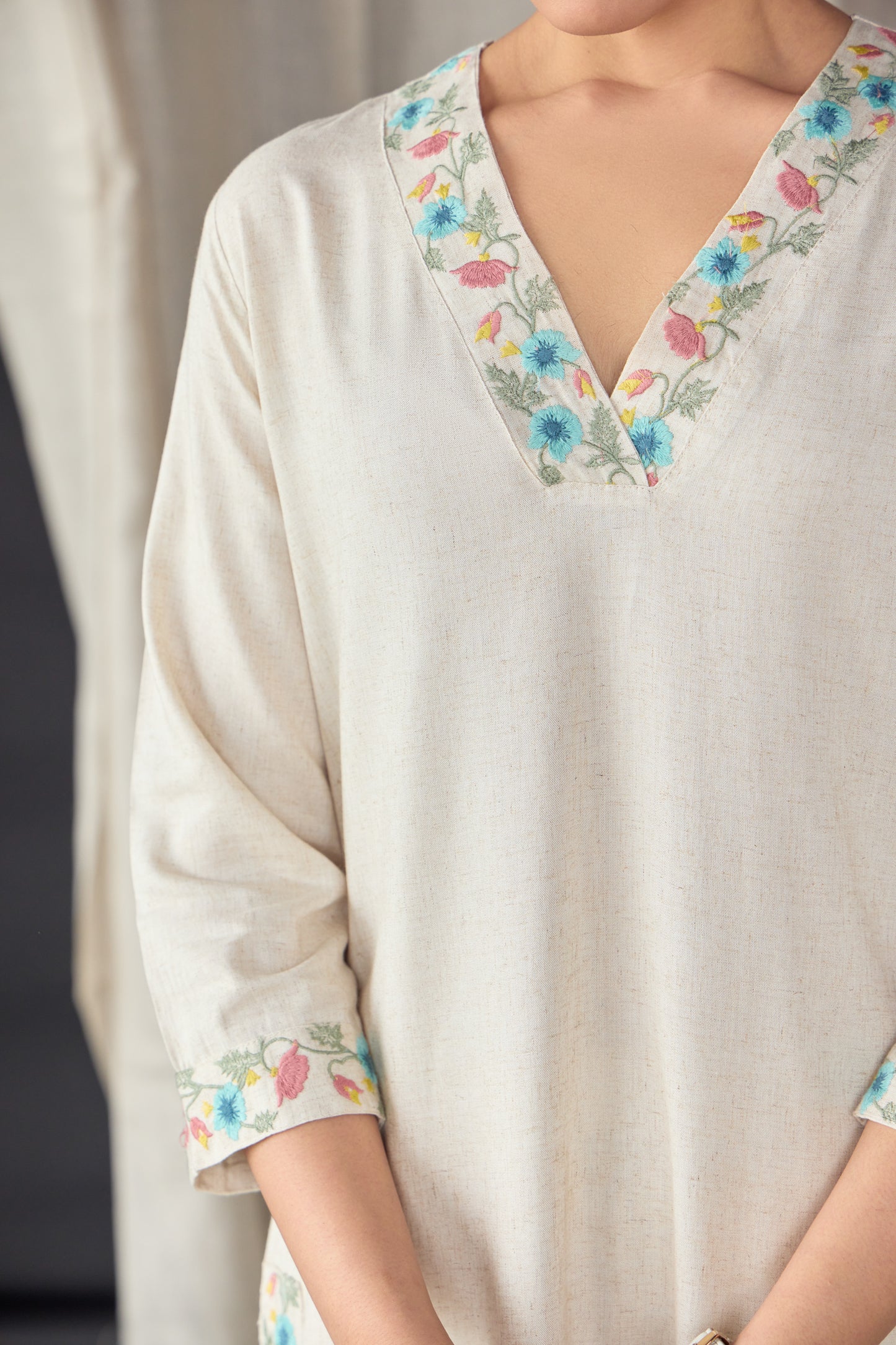 Natural Linen Embroidered Kurta Set