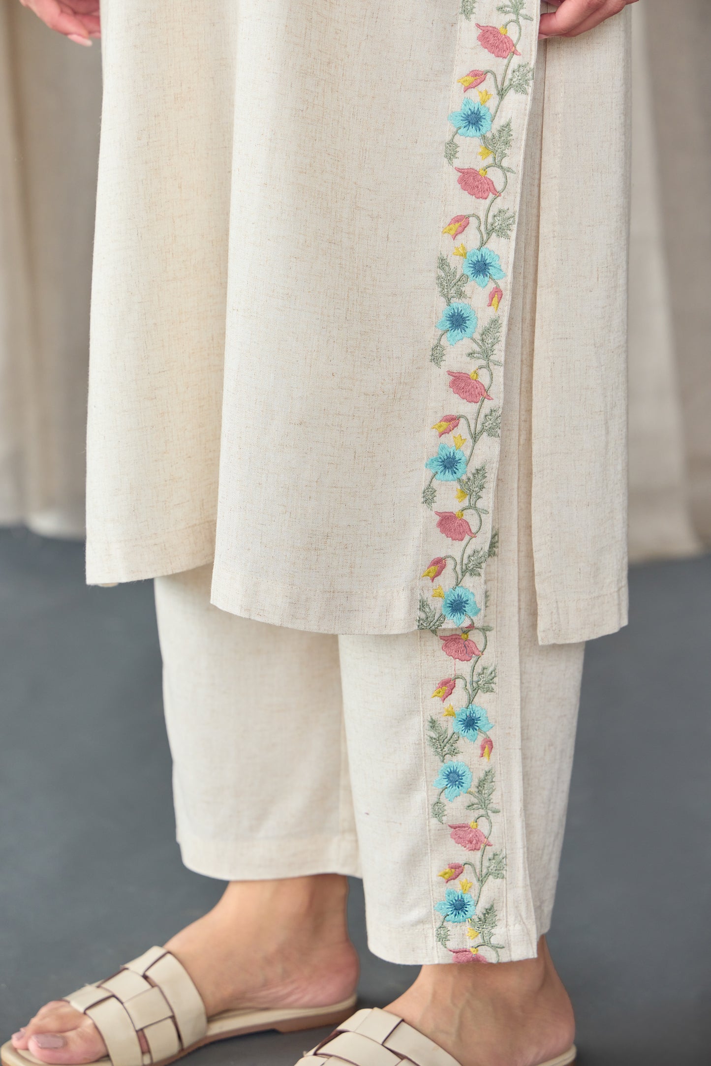 Natural Linen Embroidered Kurta Set